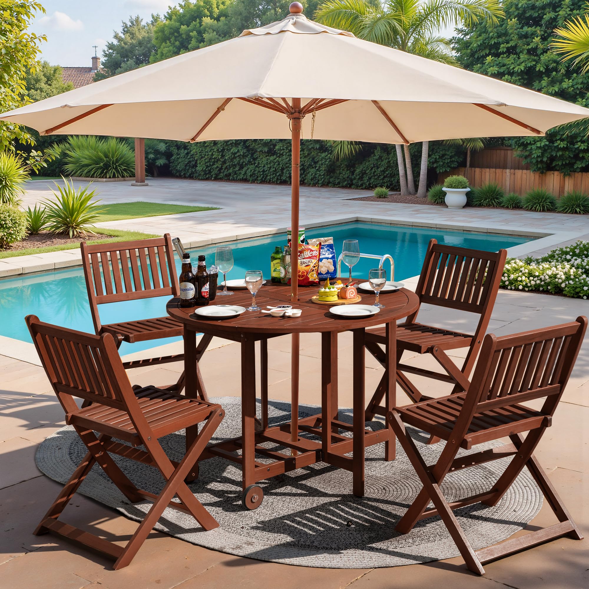 Greesum 5-Piece Outdoor Dining Set - Acacia Wood Patio Furniture with Folding Round Table & Chairs - All-Weather Backyard, Balcony, Porch, Deck & Garden Furniture Set (Dark Brown) - Perfect for Outdoor Entertaining, Family Gatherings & Relaxing in Your Garden