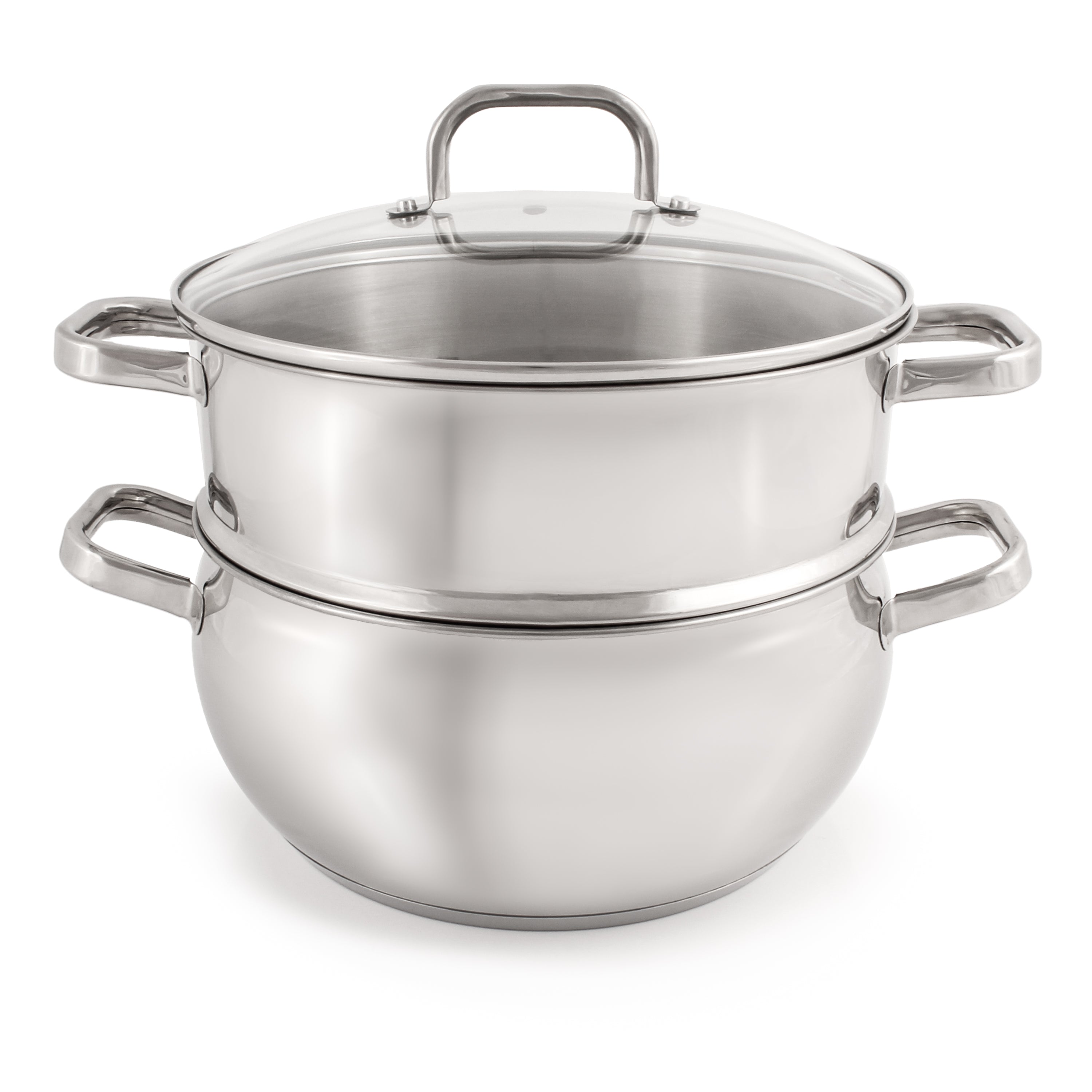 BergHOFF Belly Shape 3-Piece 18/10 Stainless Steel Steamer Set with Glass Lid - Perfect for Healthy Cooking, Meal Prep & Vegetables - Ideal for Stovetop, Induction & Gas Cooktops