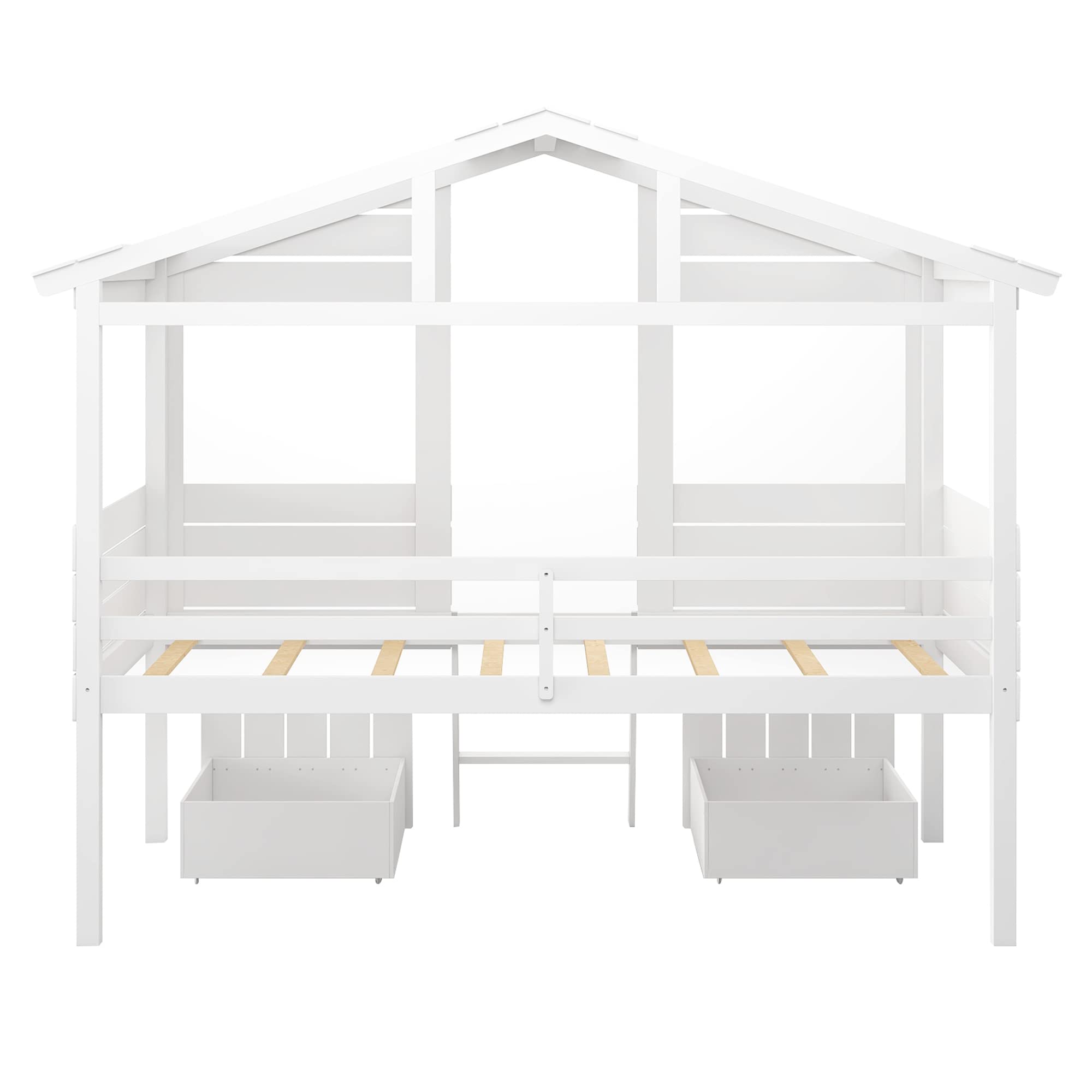 **White Twin Size Wood Loft Bed for Kids - House Design with Roof, Windows, 2 Drawers & Fence-Shaped Guardrails - Perfect for Boys & Girls Bedrooms, Playrooms & Small Spaces**