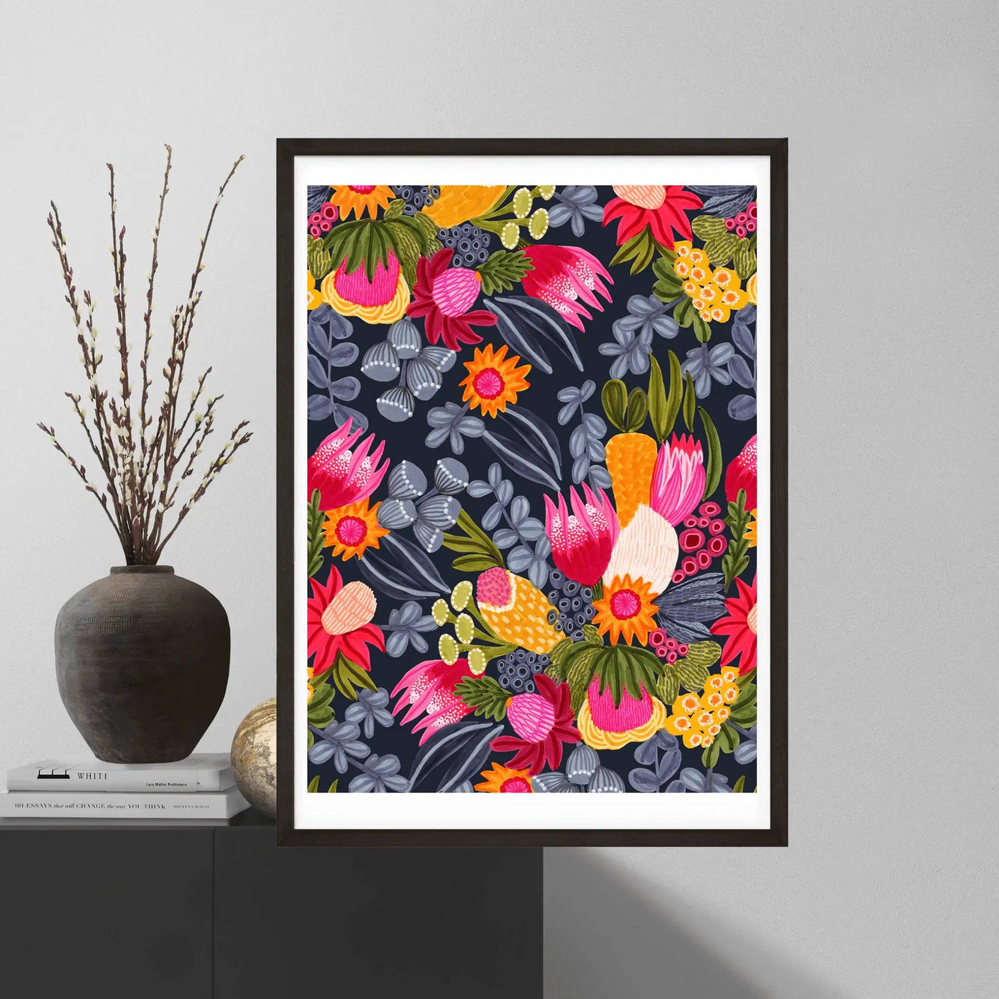 White Protea & Bush Flowers Botanical Art Print - Stunning Floral Wall Decor for Living Room, Bedroom & Office - Perfect for Home & Office Decor