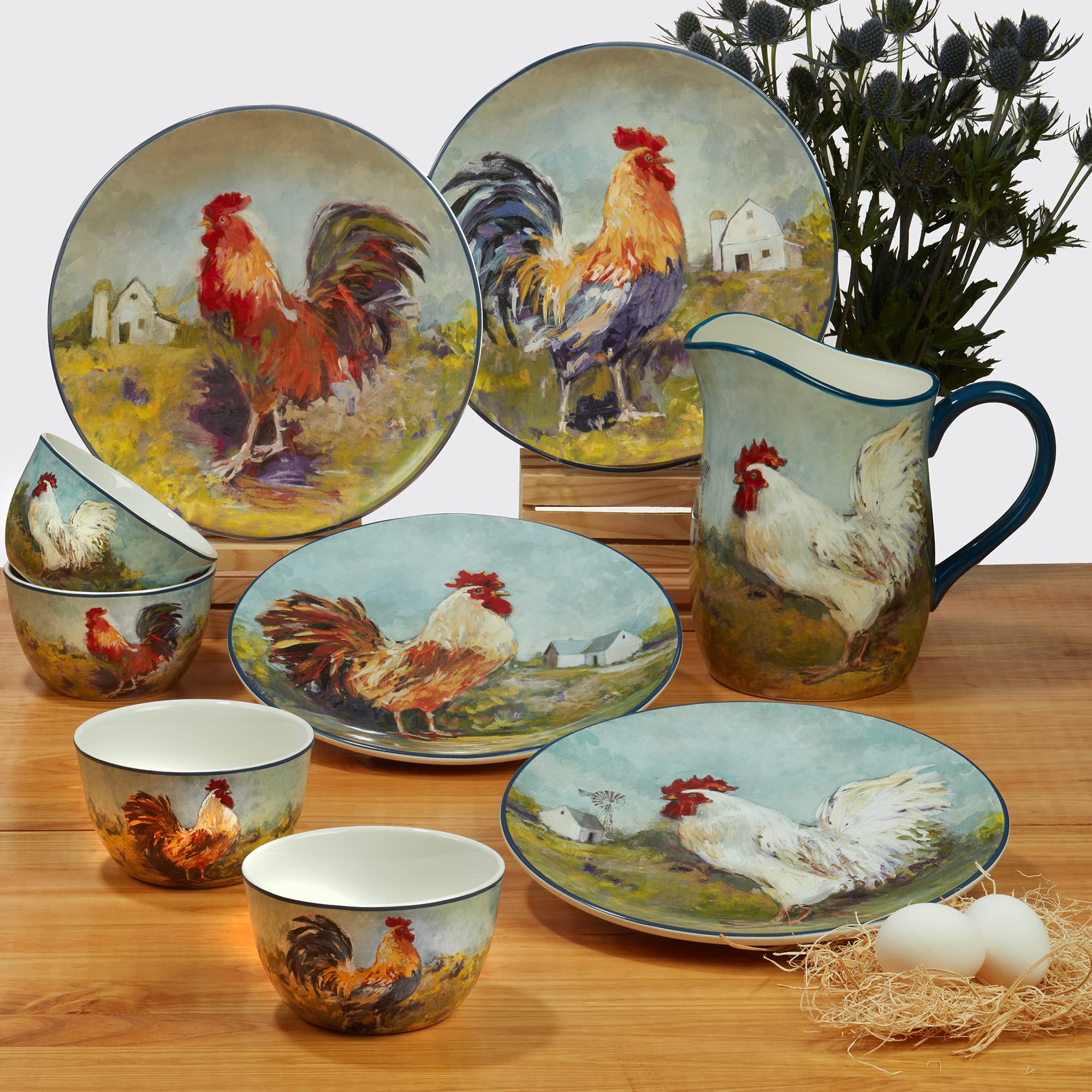 Certified International Rooster Meadow 22 oz. Stoneware Coffee Mugs, Set of 4 - Perfect for Farmhouse Kitchens, Coffee Lovers & Gift Giving