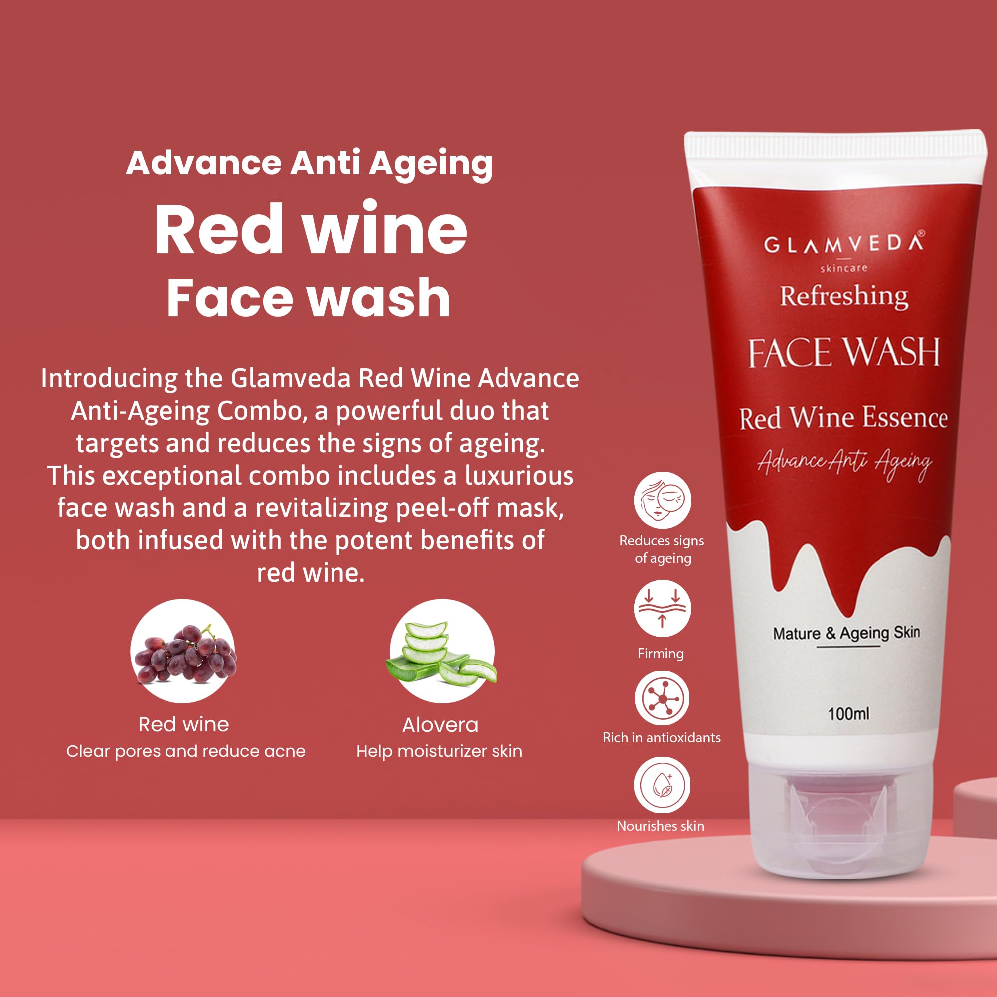 Glamveda Red Wine Anti-Aging Skincare Set (Face Wash + Facial Kit) - Reduces Wrinkles & Fine Lines | Perfect for Daily Anti-Aging Routine & Spa Night Self-Care