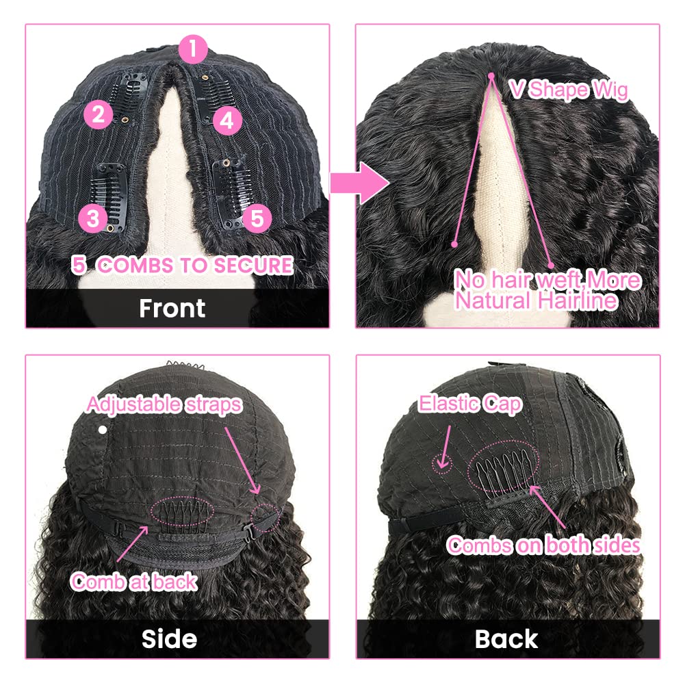V Part Wig Human Hair Kinky Curly 20 Inch - Glueless No Leave Out U Part Wigs for Black Women | 180% Density Natural Black Human Hair Wigs | Perfect for Daily Wear, Parties & Protective Styling