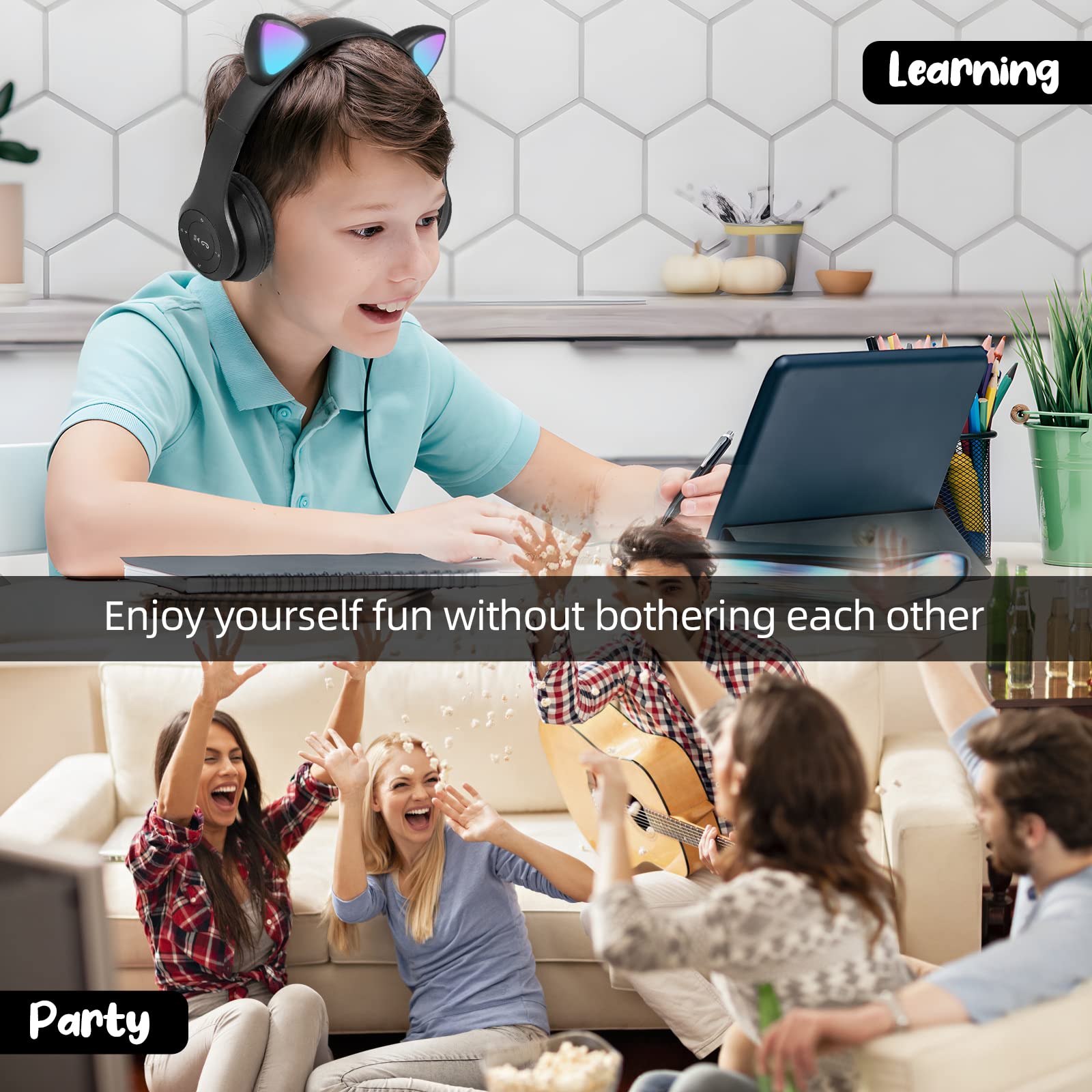 Bluetooth Wireless Kids Headphones with LED Cat Ears & Microphone - Over-Ear Stereo Headset for Children, TF Card/Wired Foldable Earphones - Perfect Gift for Boys & Girls Age 7+ (Black) - Ideal for School, Travel, and Home Use