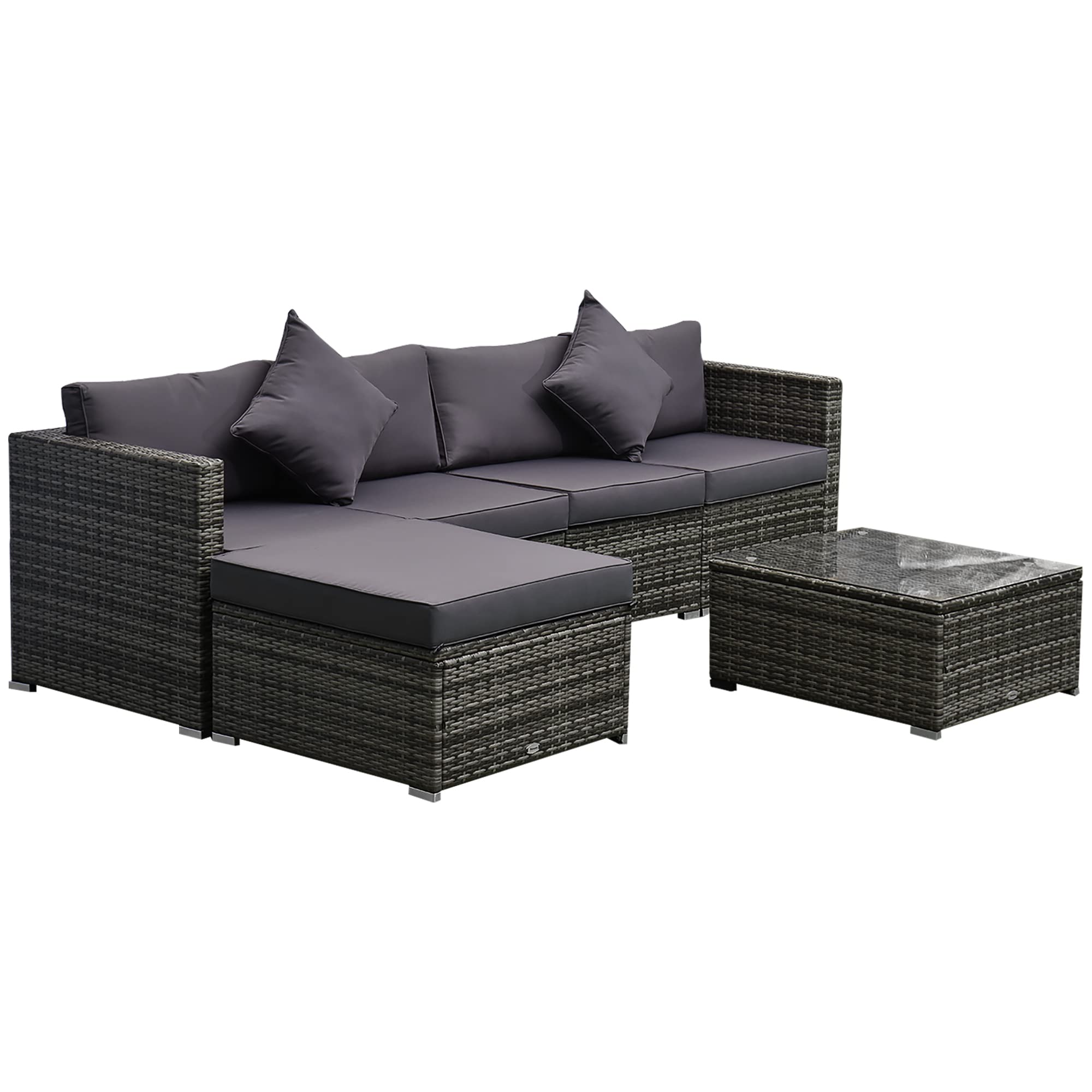 Outsunny 6-Piece Patio Furniture Set - All-Weather PE Rattan Outdoor Wicker Sectional Sofa with Ottoman, Cushions & Tempered Glass Table - Mixed Gray - Perfect for Backyard, Garden, Poolside & Patio Relaxation