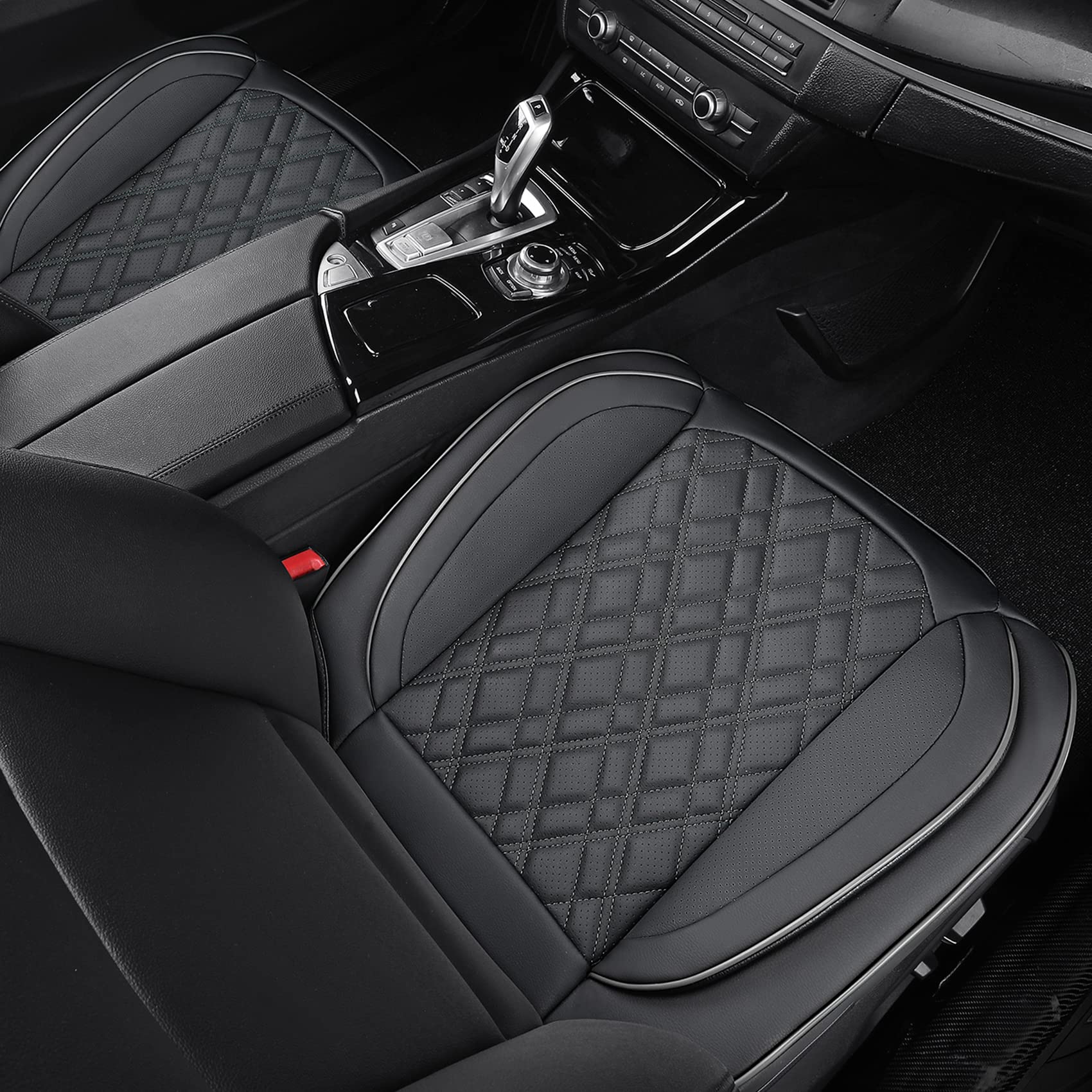 Premium PU Leather Car Seat Covers - Universal 2-Piece Front Bottom Seat Protectors with Anti-Slip Design & Storage Pockets | Fits 95% Vehicles | Perfect for Daily Commuting, Road Trips & Car Interior Protection (Black Grid)