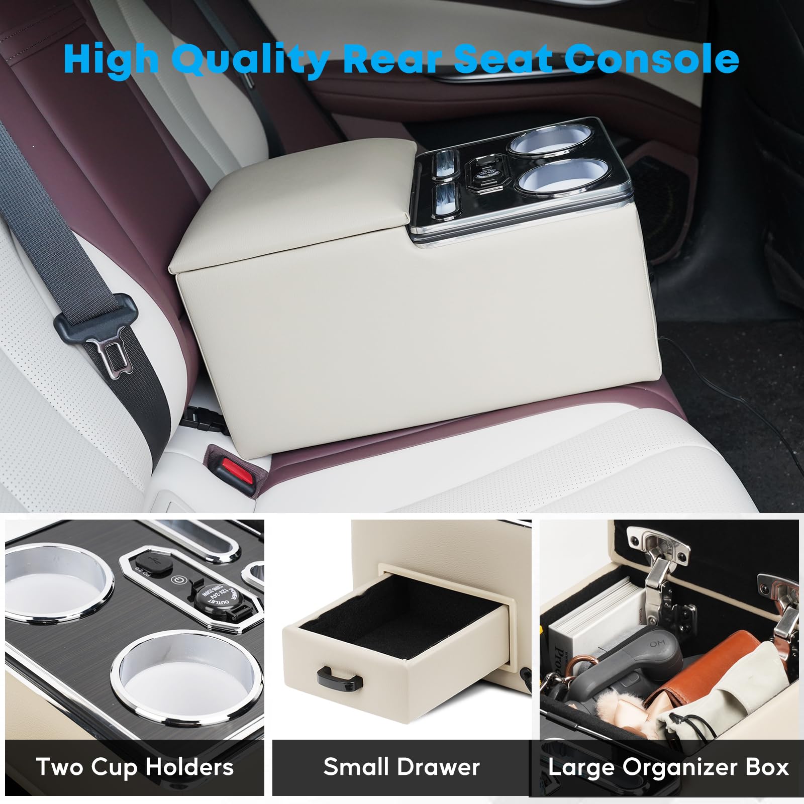 Universal Bench Seat Center Console Organizer with Fast Phone Charging & 7-Color Adjustable LED Lights - Car Storage Upgrade for Trucks, SUVs & Vans (Beige) - Perfect for Road Trips & Daily Commute