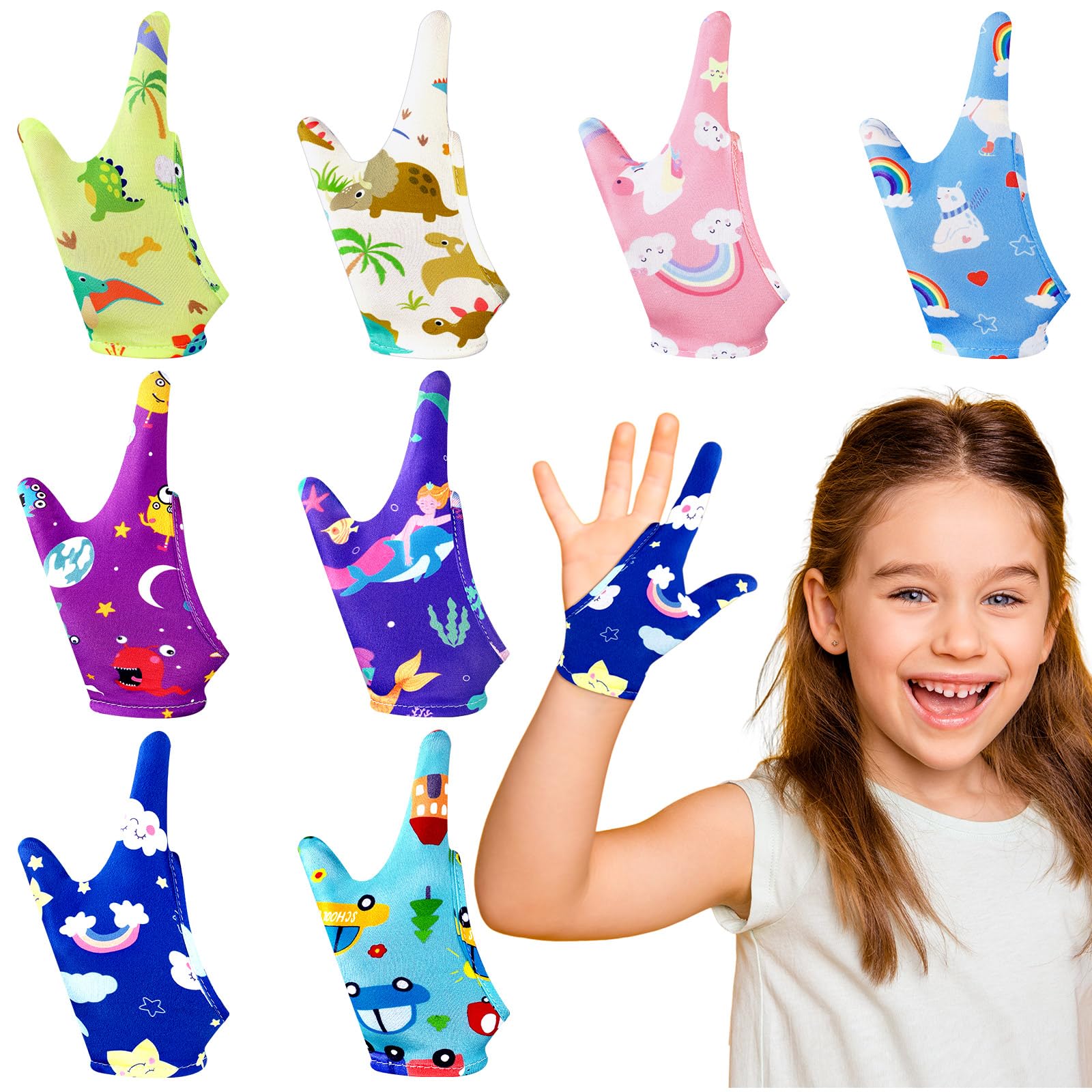 Janmercy 16 Pcs Thumb Sucking Prevention Gloves for Kids - Breathable Finger Guards to Stop Nail Biting & Thumb Sucking - 8 Adorable Styles (2 Finger Design for Ages 8-12) - Perfect for Daytime Play & Overnight Protection