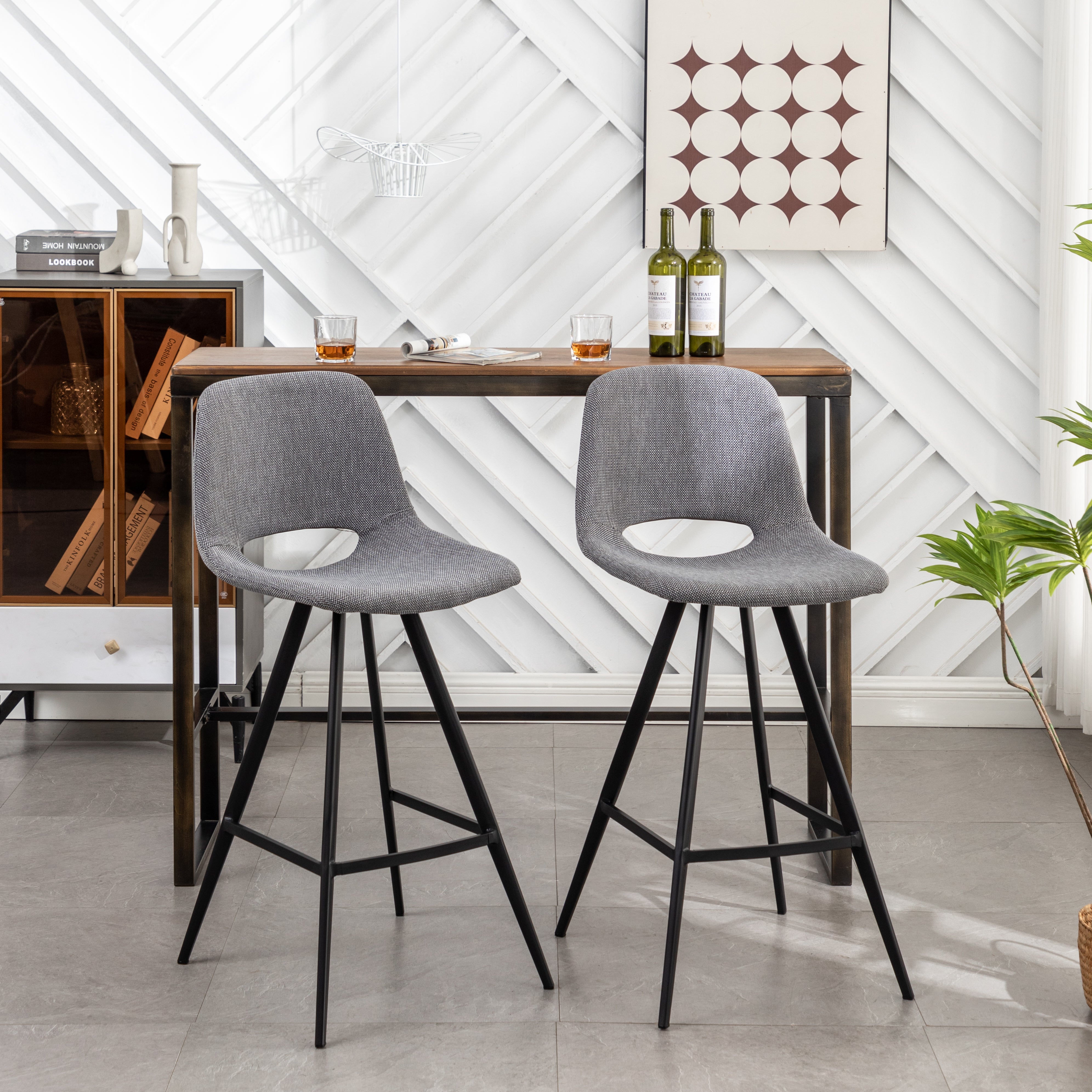 Roundhill Furniture Porth Fabric Kitchen Barstools Set of 2 - 28.25 Inch Height, Gray Upholstered Counter Stools for Kitchen Island, Breakfast Nook & Home Bar Seating