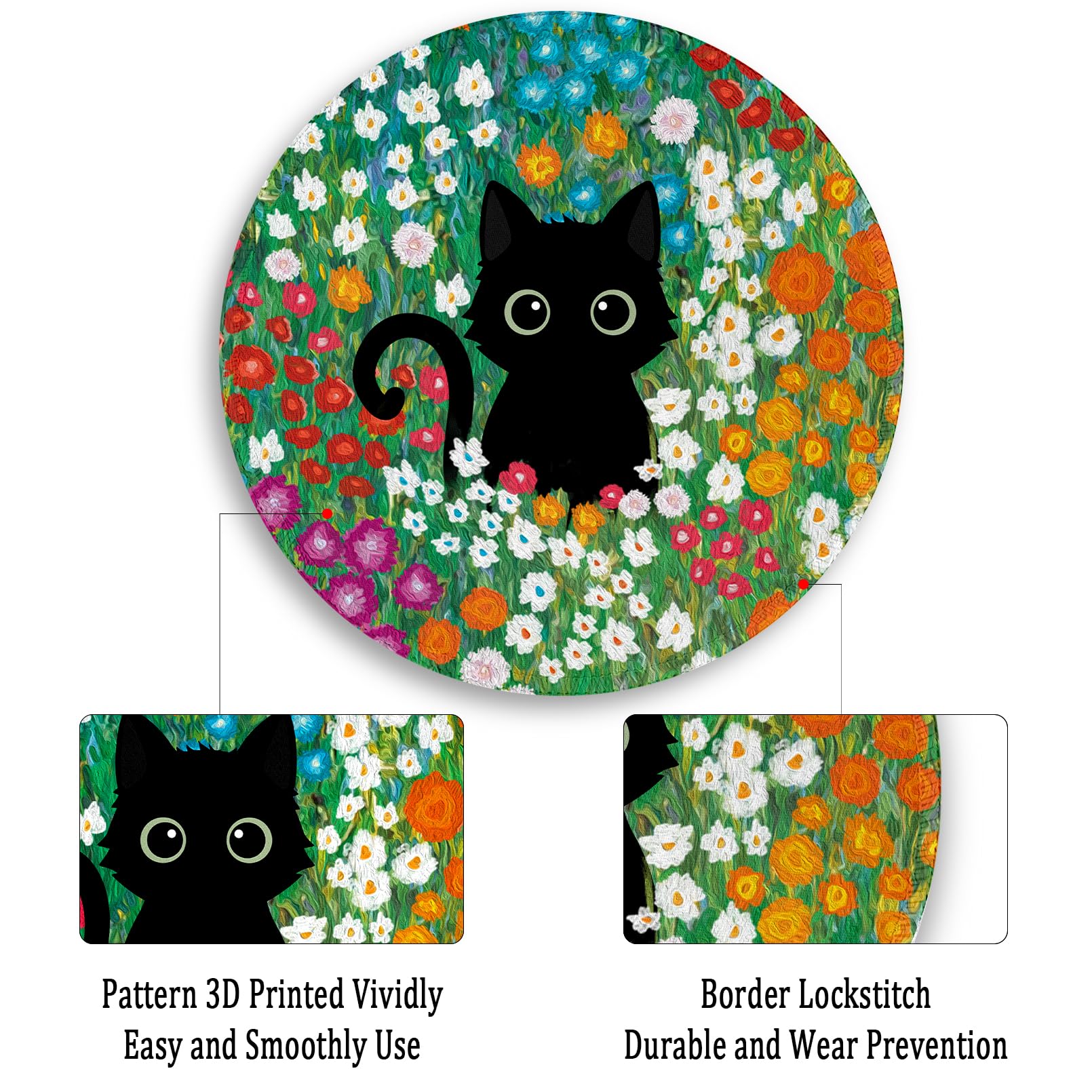 Gctriki Anime Black Cat Mouse Pad 8.6 x 8.6 Inch - Cute Round Gaming Mousepad with Non-Slip Rubber Base & Stitched Edge - Perfect for PC, Laptop, Home Office & Gaming Setup - Adorable Cat Flower Design Desk Accessory for Anime Fans