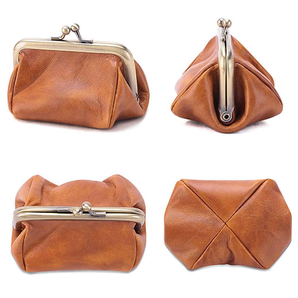Genuine Leather Clutch Bag for Women - Kiss Lock Wallet & Retro Coin Purse Organizer - Elegant Small Handbag for Parties, Dating & Daily Use