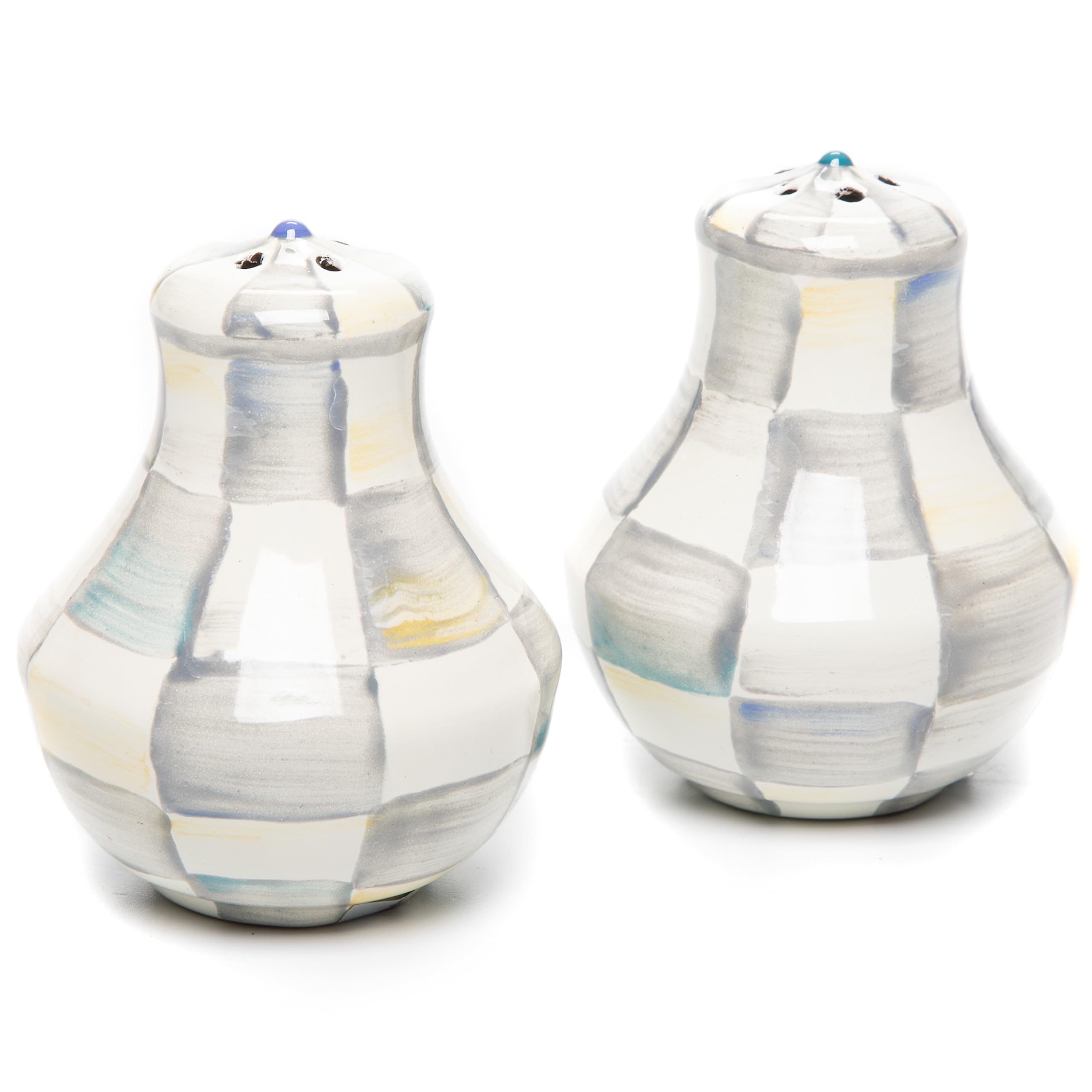 MACKENZIE-CHILDS Enamel Salt and Pepper Shakers Set - Farmhouse Kitchen Decor - Gray and White Sterling Check Design - Perfect for Dining Table, Kitchen Counter, and Gift Giving