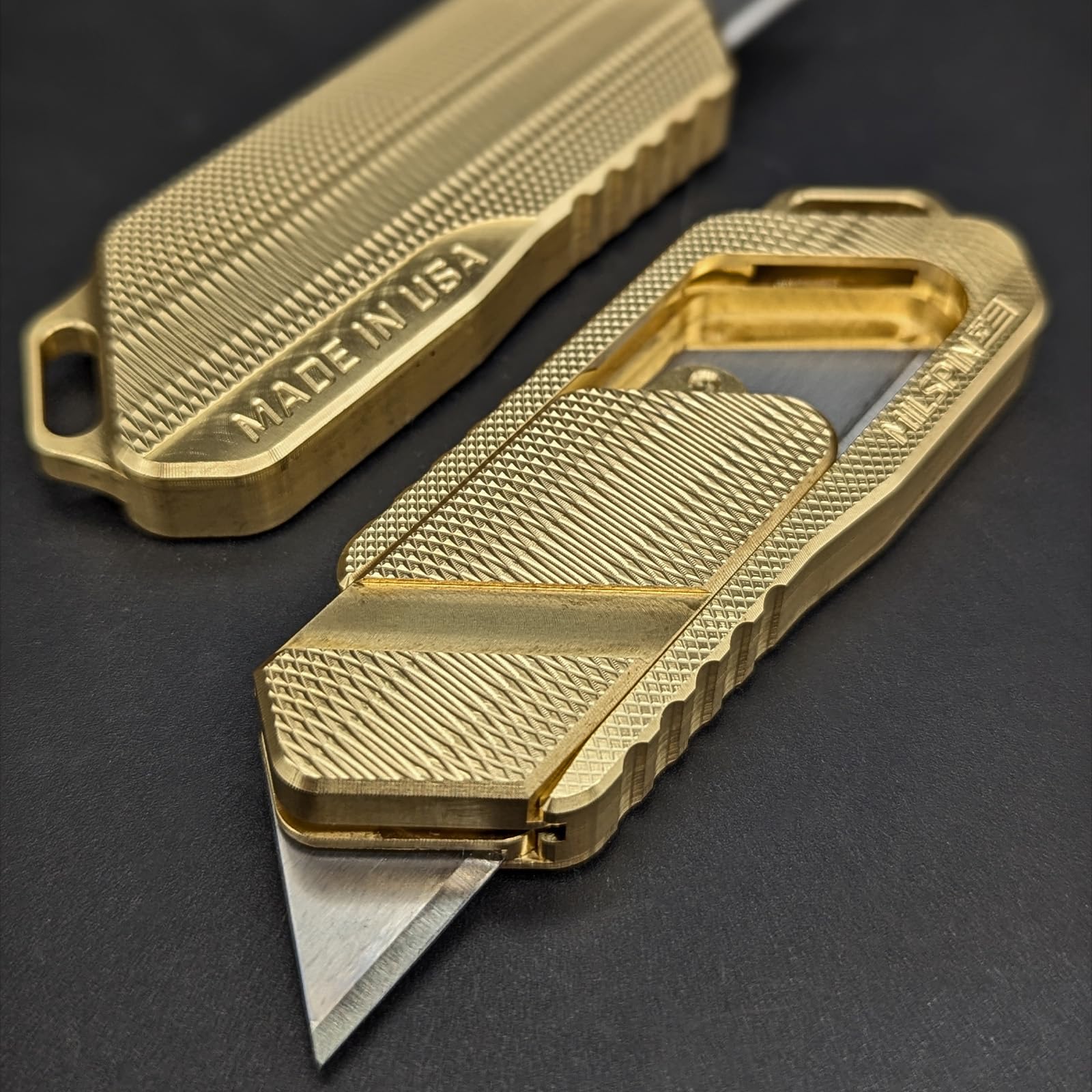 Milspin Magnus Utility Knife - Retractable Box Cutter with Razor Blade | EDC Pocket Knife for Everyday Carry | Veteran Made in USA (Brass 2.0) | Perfect for Office, Warehouse & Outdoor Activities