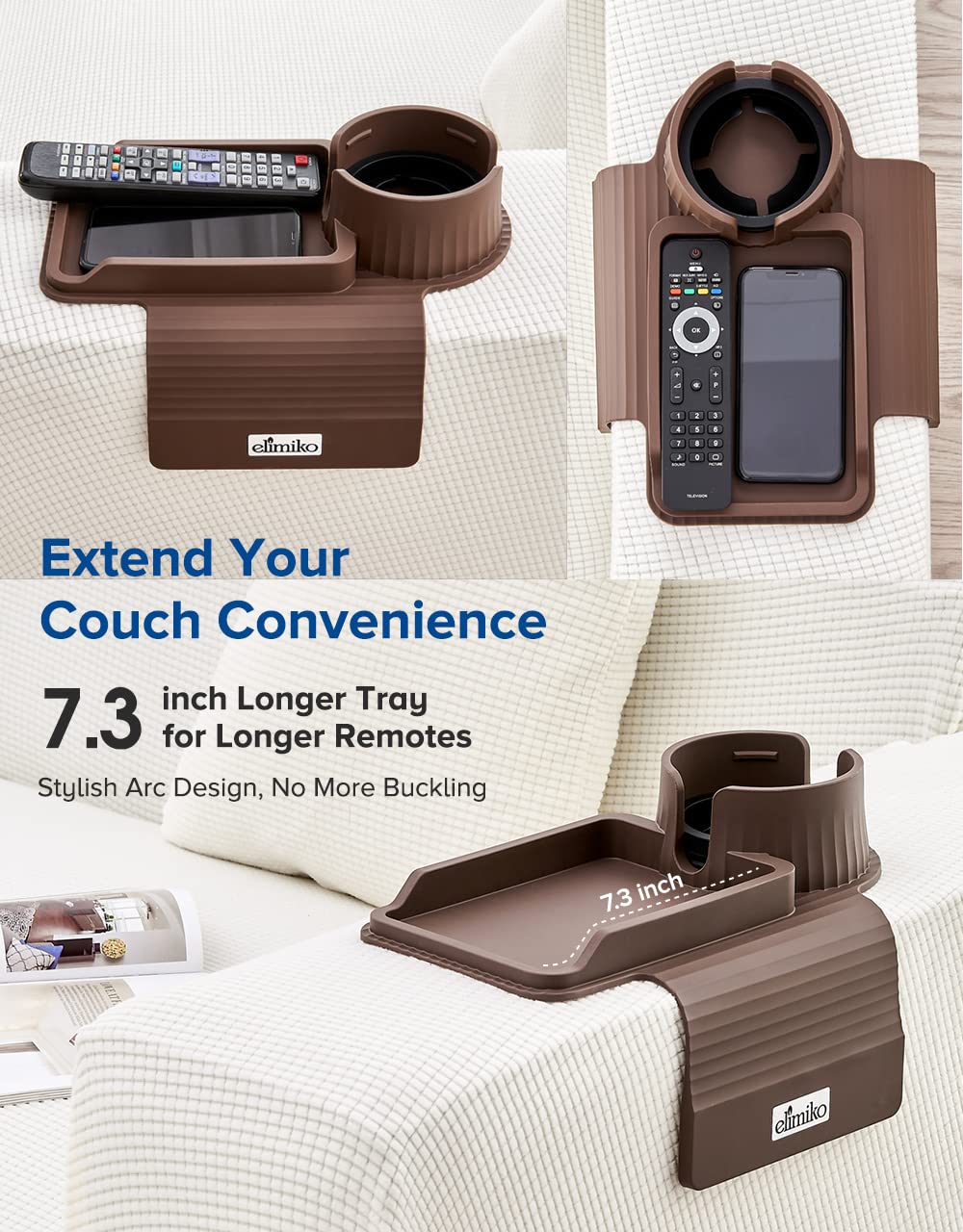 Elimiko Silicone Sofa Cup Holder Tray with Large Drink Holder - Fits Oversized Mugs, Remote, Snacks & Phone - Perfect for Living Room, Bedroom & Home Theater (Mocha Brown)