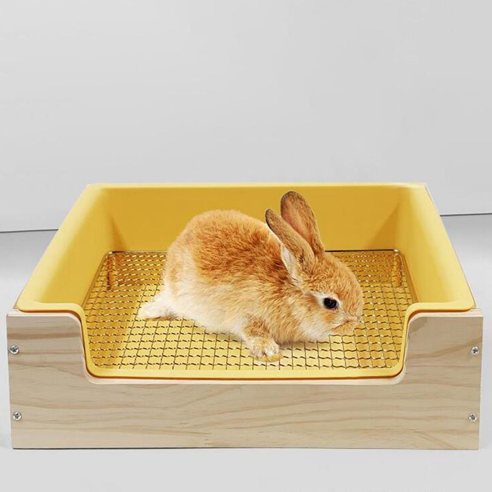 2 in 1 Wooden Rabbit Hay Feeder & Litter Box - Guinea Pig Hay Holder with Toilet Pan for Rabbits, Hamsters, Small Pets - Yellow (Perfect for Cage Setup & Easy Cleaning)