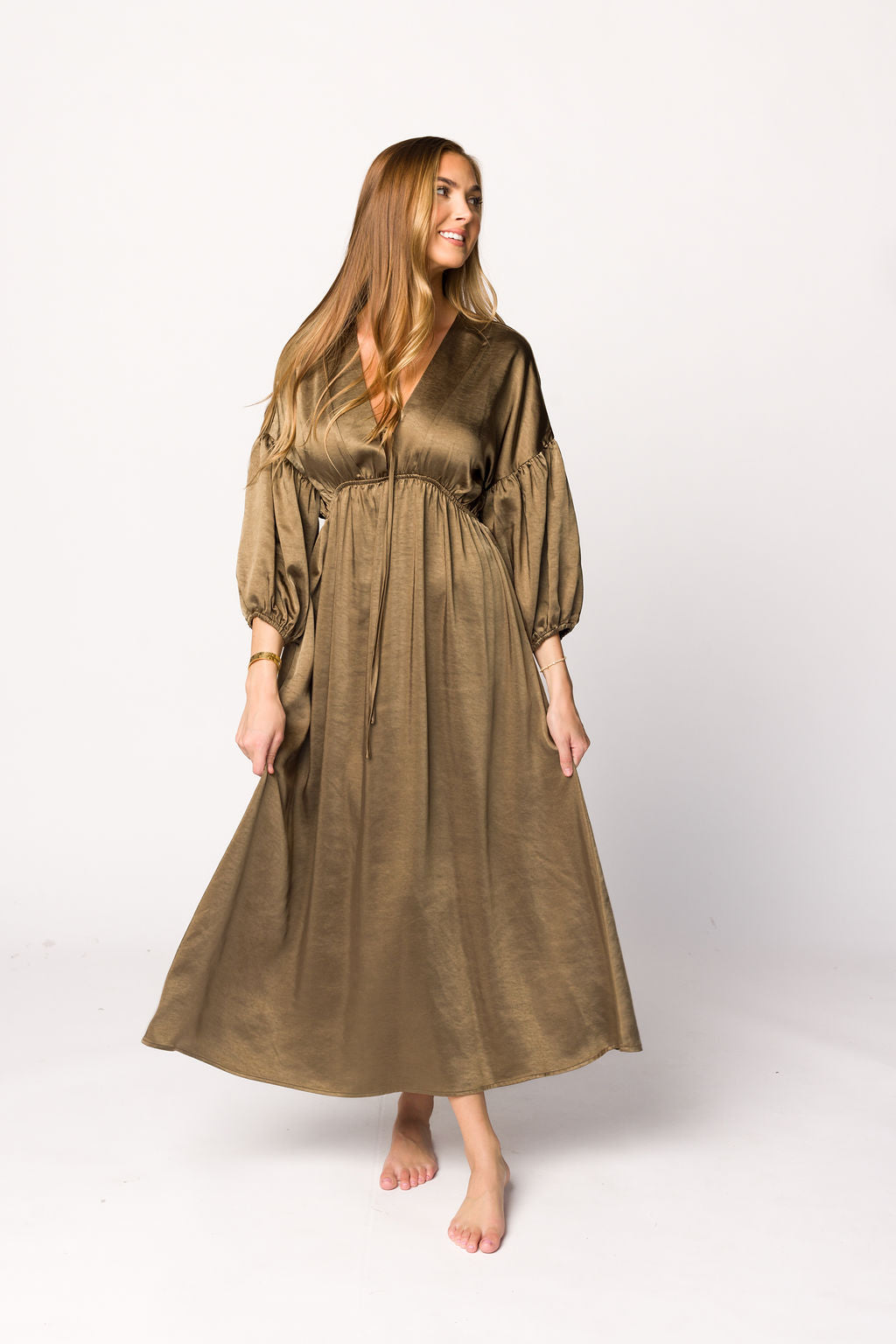 Hunter Premium Satin Midi Dress in Tapenade - Bump Friendly Maternity Dress for Special Occasions & Date Nights