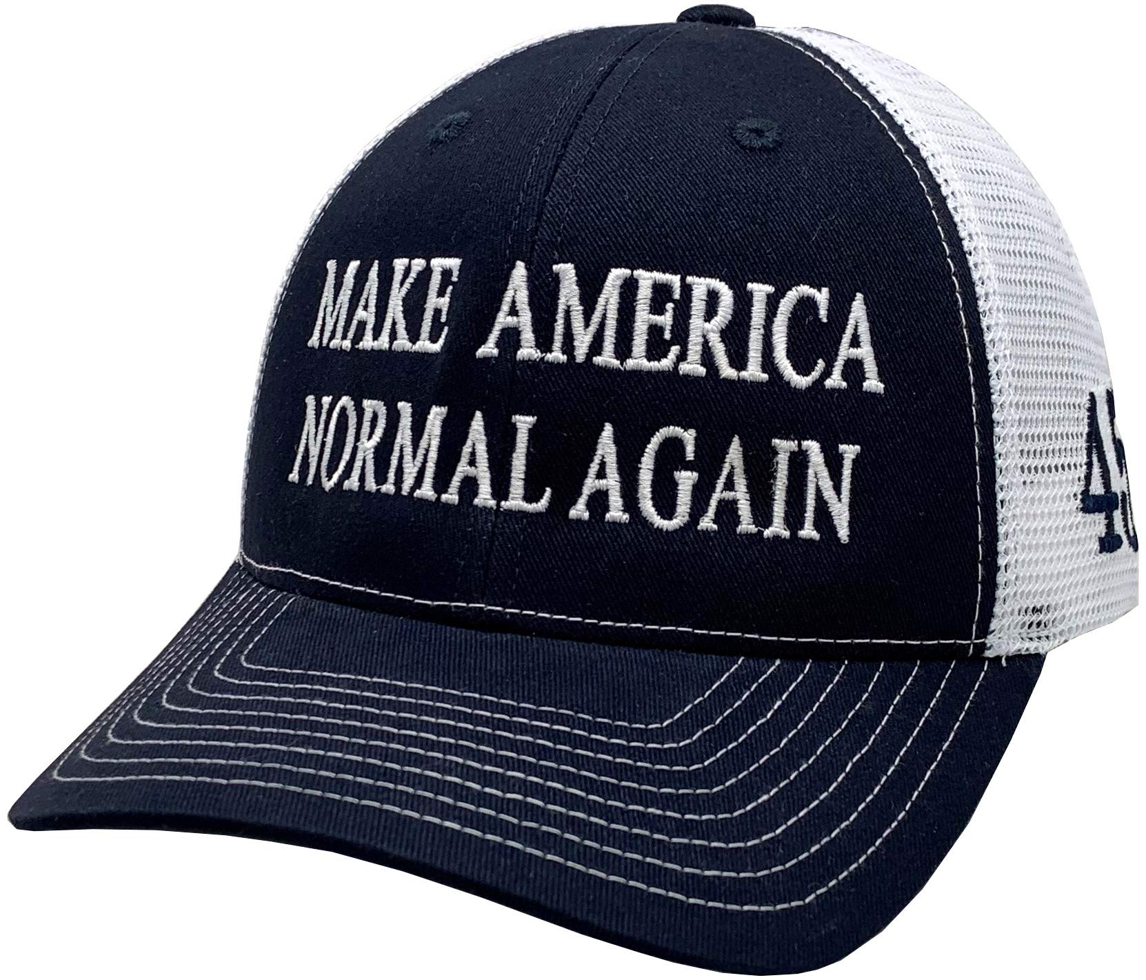 Peerless Embroidery 'Make America Normal Again' Snapback Hat - Adjustable Mesh Baseball Cap in Navy/White - Patriotic Trucker Hat for Men & Women - Perfect for Outdoor Sports, Concerts and Casual Wear
