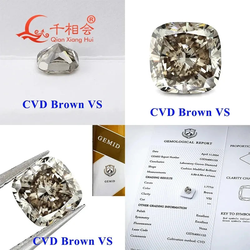 1.5ct Brown CVD Lab Grown Diamond - VS/SI Clarity, Cushion Shape, GEMID Certified Loose Stone for Jewelry Making & Engagement Rings