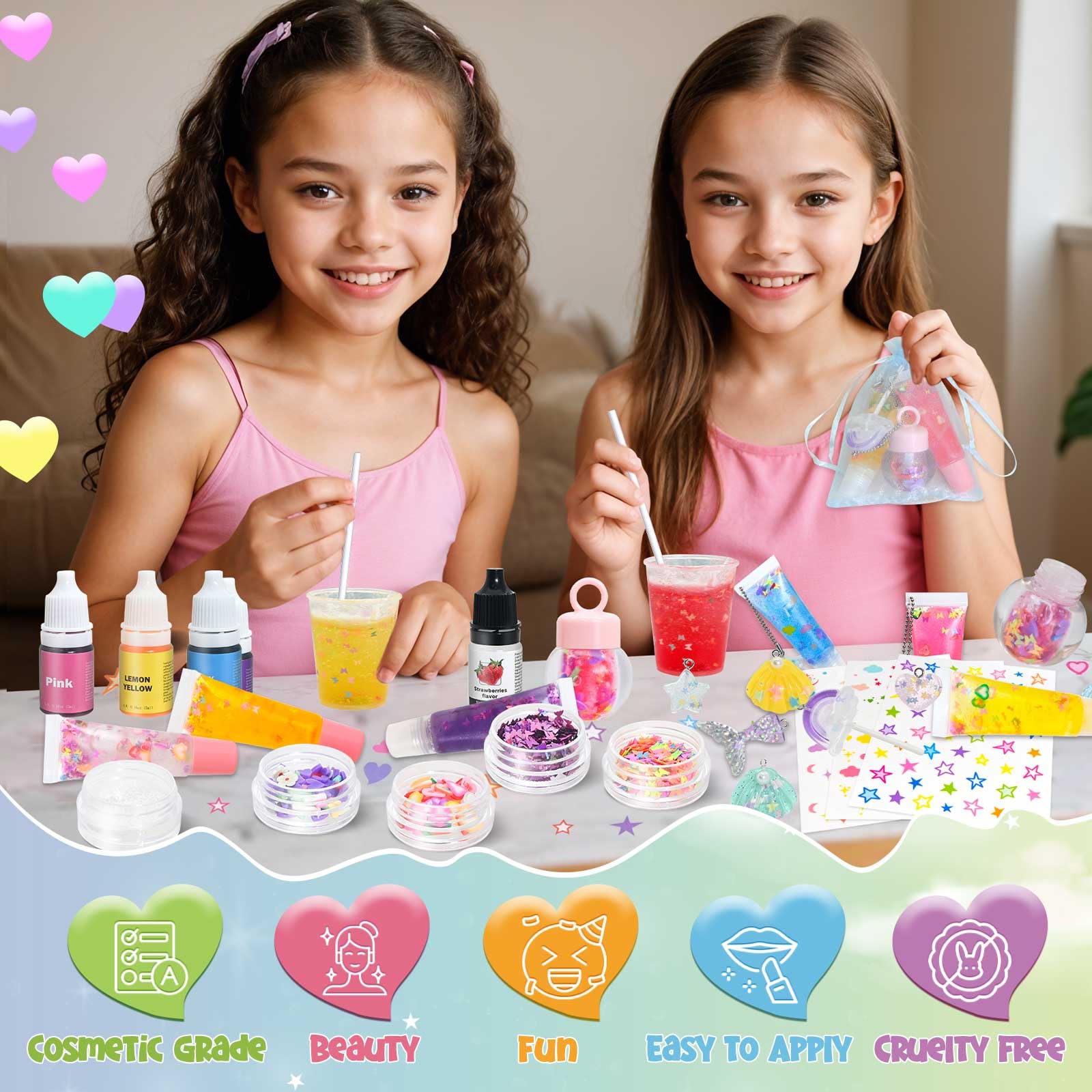 Jcoos 73PCS DIY Lip Gloss Making Kit - Shimmery Moisturizing Lip Glaze, Keychain Craft Set for Beginners, Women & Kids | Perfect for Birthday Gifts, Party Favors, and Creative Arts & Crafts Projects