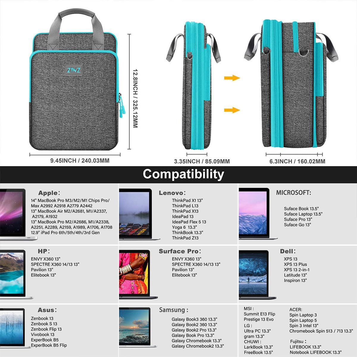 ZINZ Slim & Expandable 12.9-13 Inch Laptop Shoulder Bag for MacBook Air 13