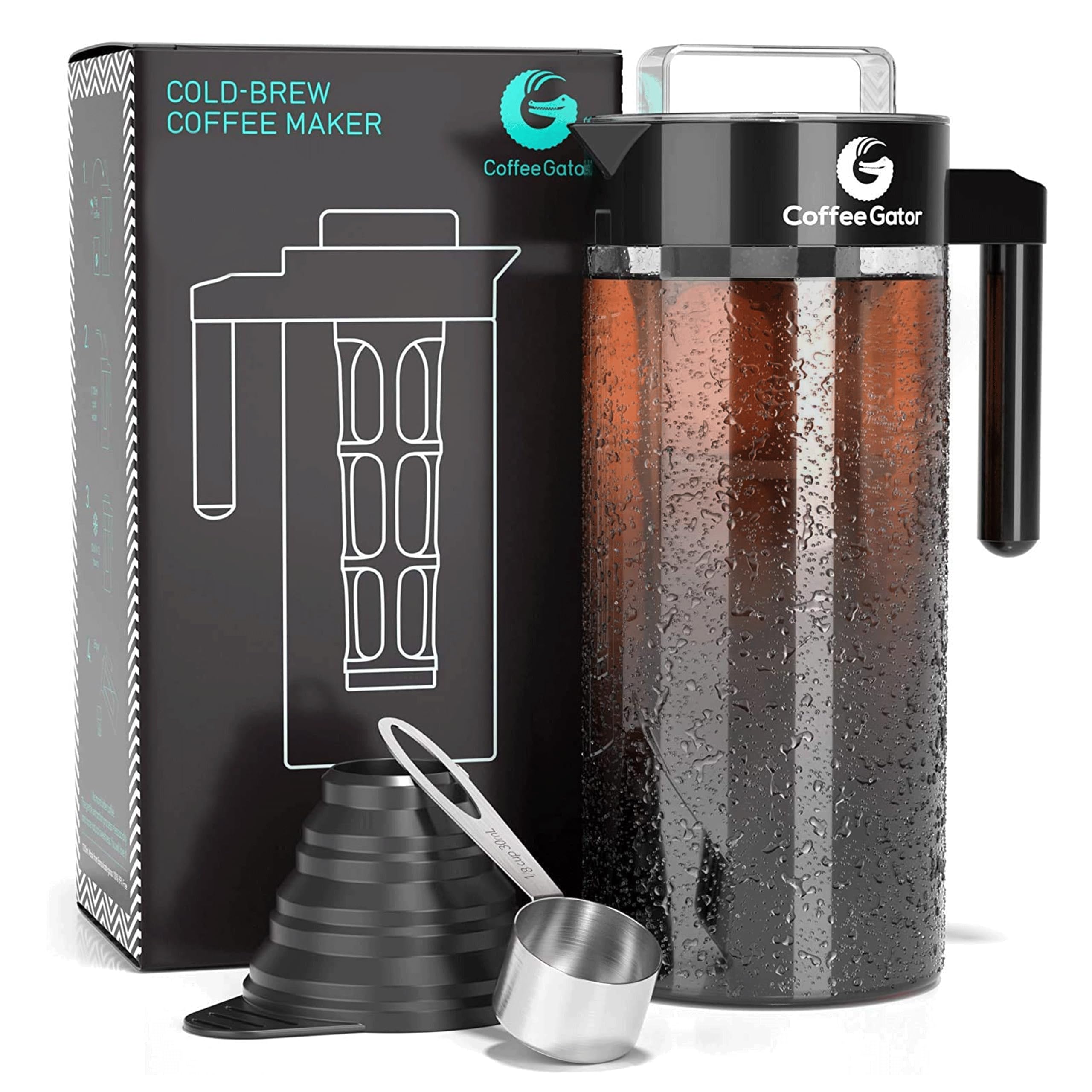Premium Cold Brew Coffee Maker - 47oz Glass Carafe with Stainless Steel Filter, Funnel & Scoop - Perfect for Iced Coffee & Tea at Home or Office - Ideal for Coffee Lovers & Baristas