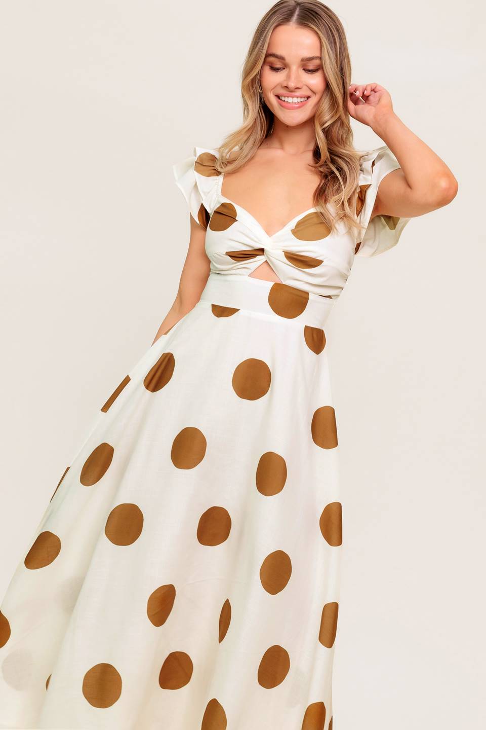 MOJITO MOOD Polka Dot Midi Dress in Camel - Flowy Summer Dress for Beach, Vacation & Casual Outings