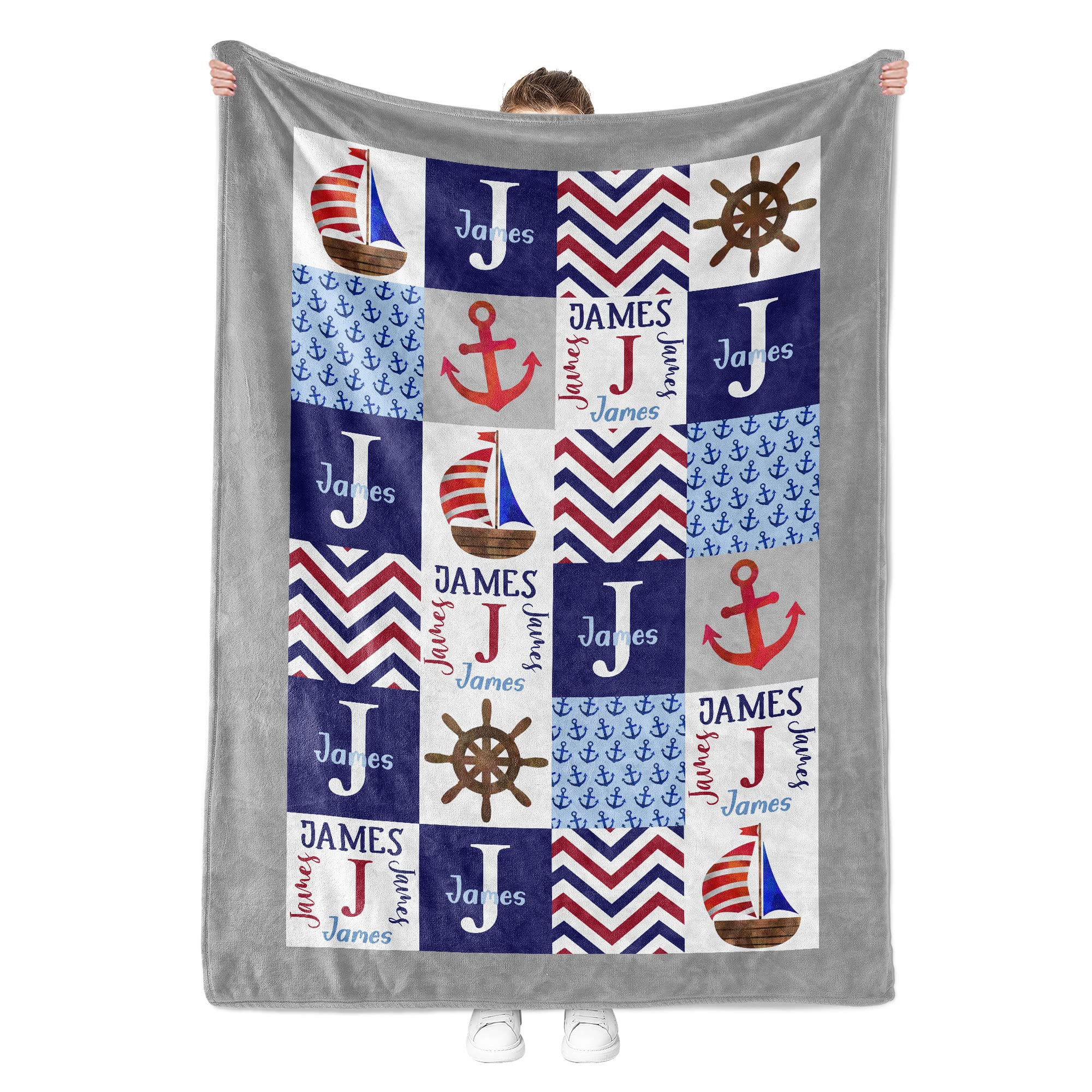 Personalized Nautical Baby Blankets for Boys - Custom Name Embroidered Newborn Gift | Perfect for Showers, Birthdays & Nursery Decor (Nautical HA76)