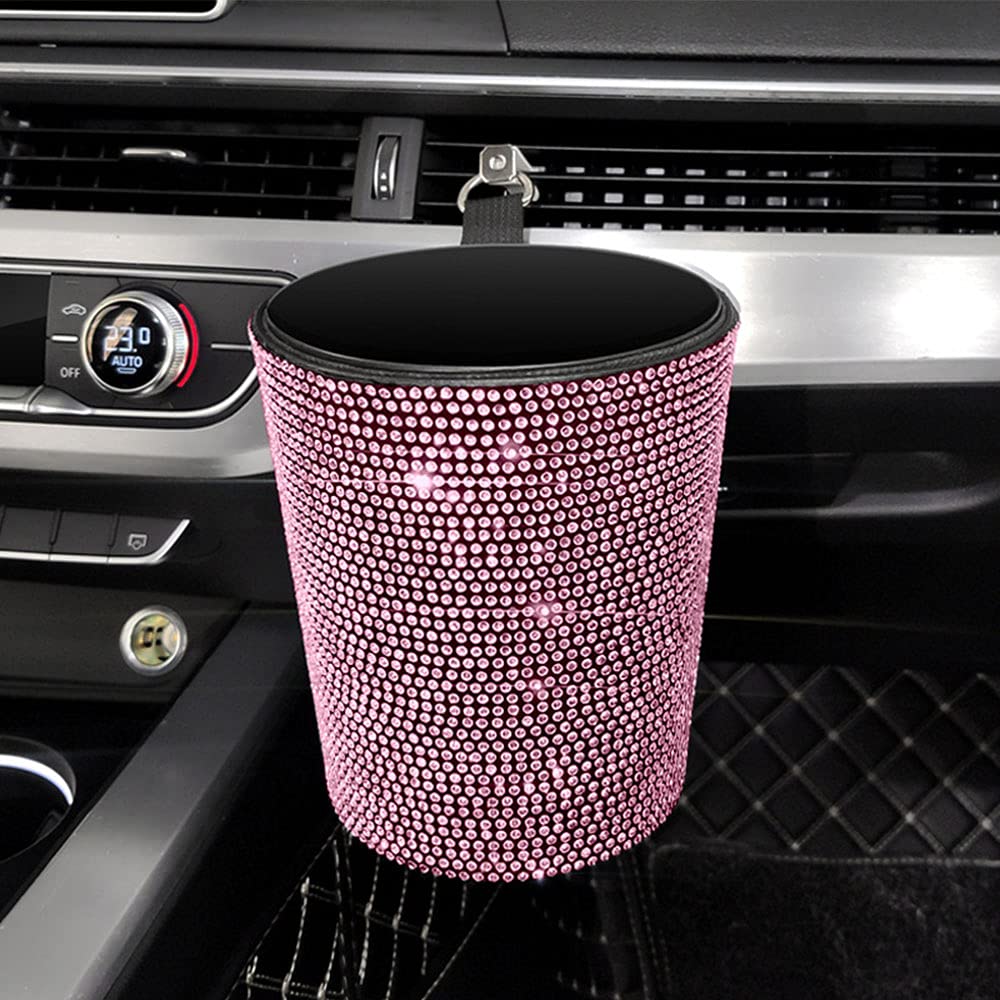 **Glitter Diamond Hanging Car Trash Can - Pink Universal Car Garbage Bin, Multifunctional Organizer & Storage Box for Vehicles, Road Trips, and Office Use**