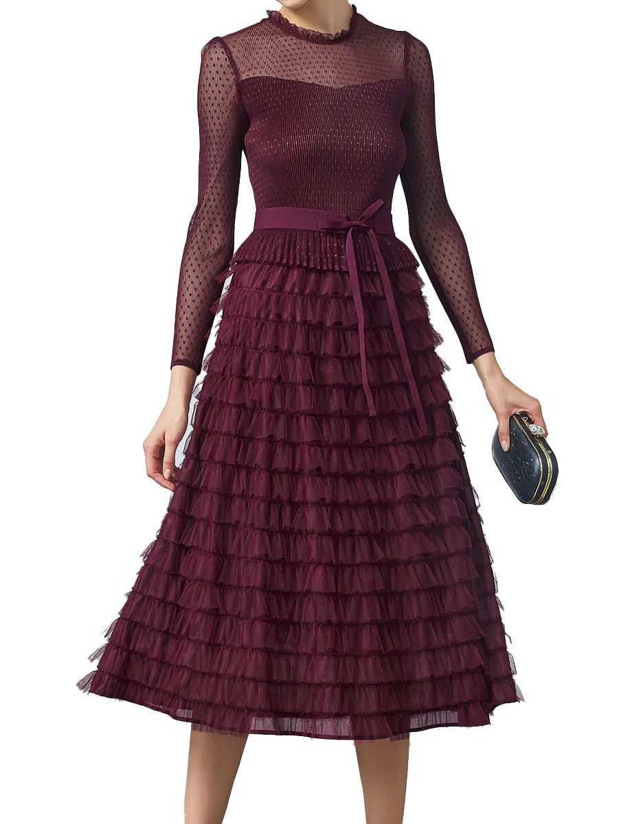 Elegant Women's Long Sleeve Mesh Layered Chiffon Midi Dress for Wedding Guest, Cocktail, Prom & Evening Party - Perfect for Formal Events, Date Nights & Special Occasions