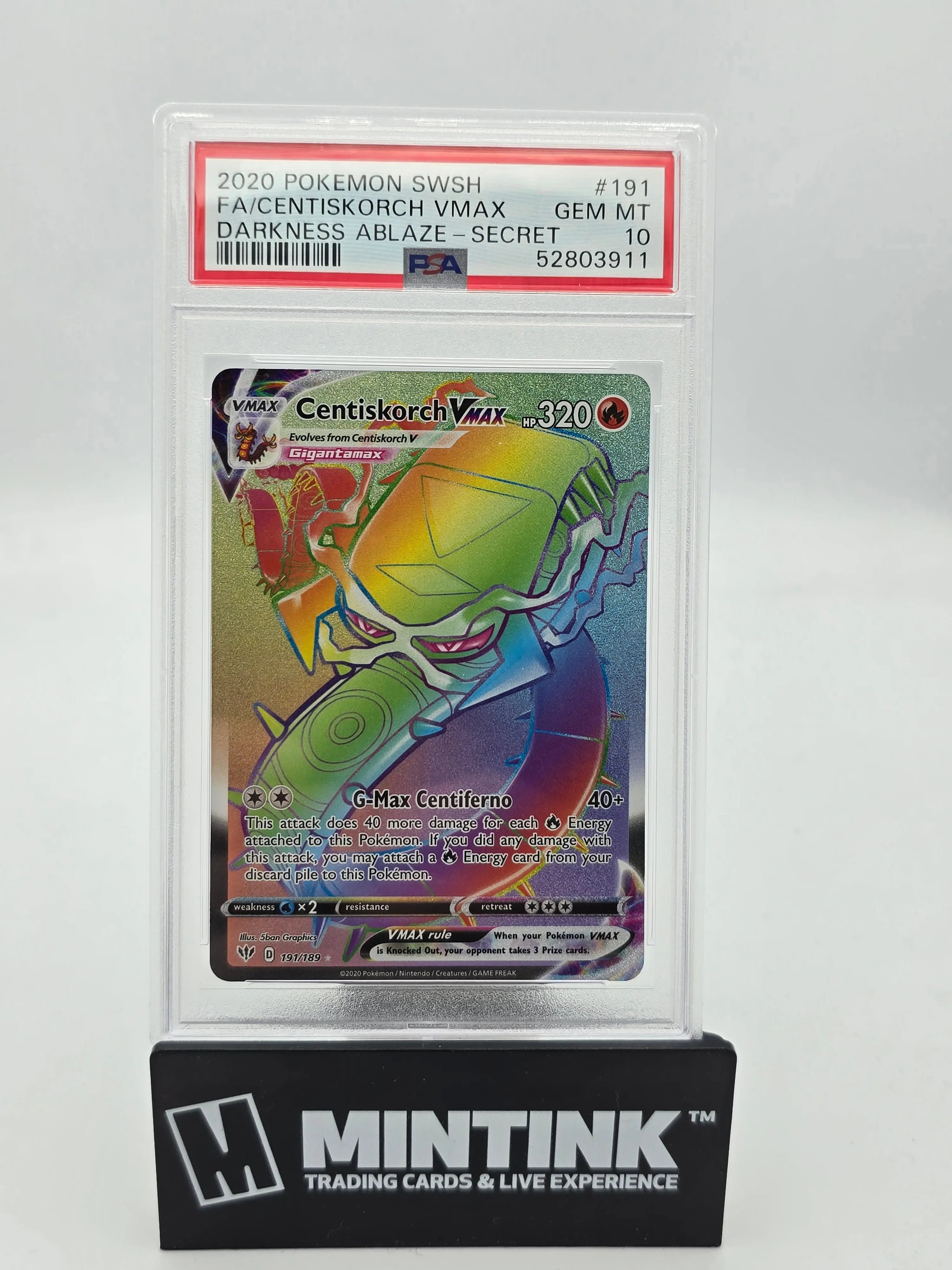 2020 Pokemon SWSH Centiskorch VMAX FA Darkness Ablaze Secret Rare PSA 10 Graded Card 191/189 - Perfect for Collectors & Competitive TCG Players