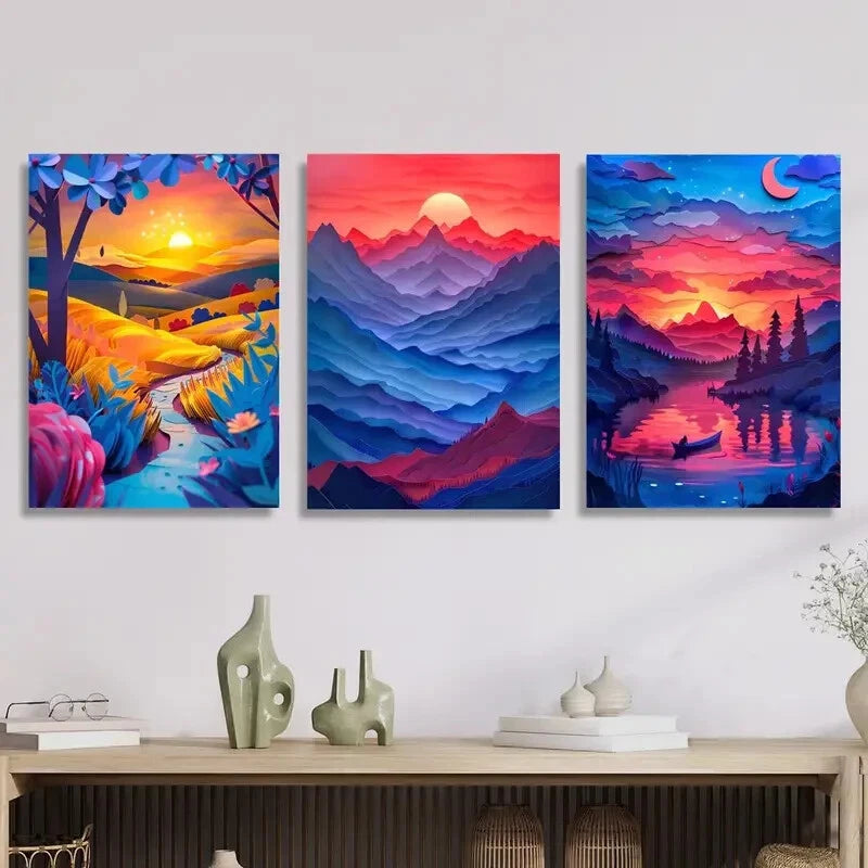 3pcs Sunset Landscape Metal Wall Art Prints - Ready to Hang Home Decor for Living Room, Bedroom & Office