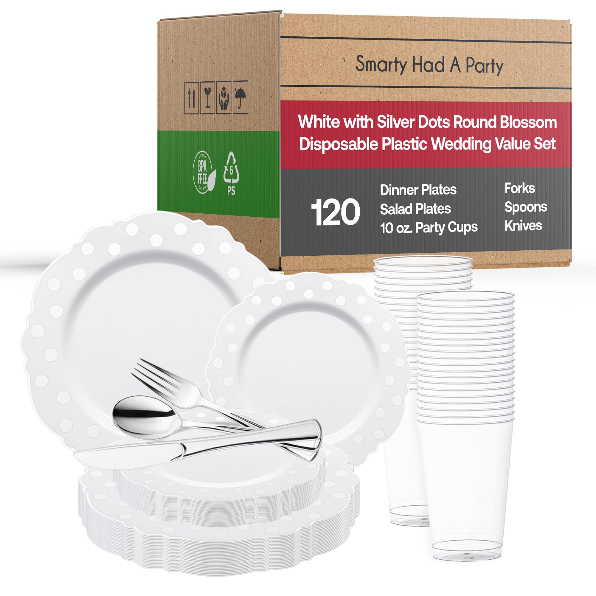 Elegant Disposable Plastic Dinnerware Set - 720 pcs (120 Person) Round Dot Wedding Party Plates, Gold Cutlery & Clear Cups - Perfect for Weddings, Banquets, Catering & Large Events