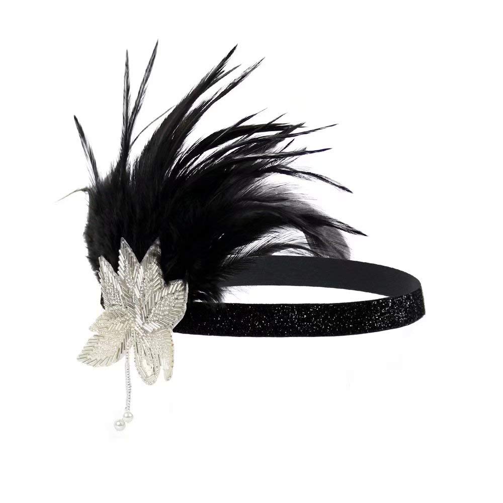 HOOLUCK 1920s Flapper Headband for Women - Great Gatsby Feather Hair Accessories, Art Deco Headpiece for Roaring 20s Party, Halloween Costume & Vintage Themed Events