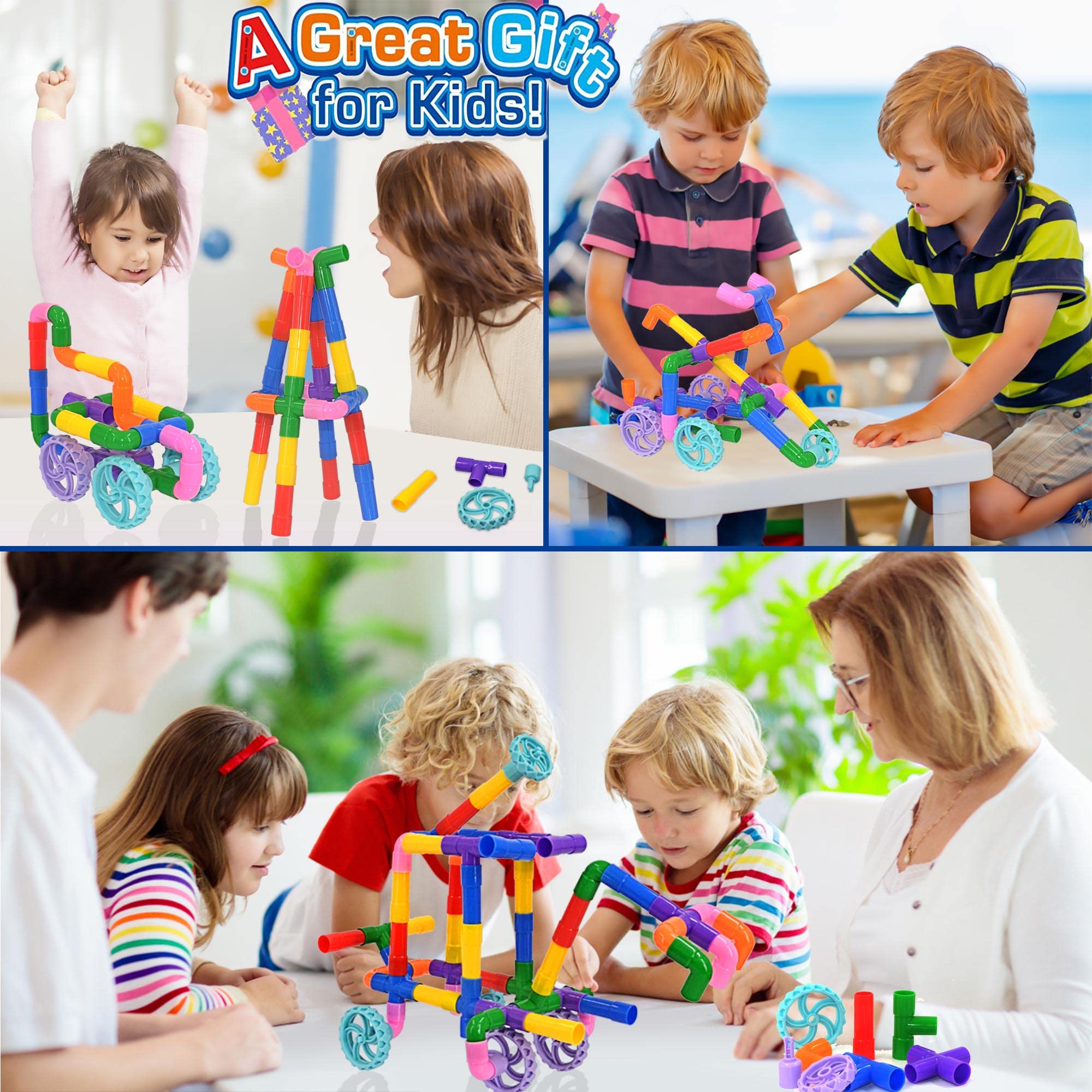 FUBAODA 96 Pcs STEM Pipe Tube Building Toys Set - Educational Construction Blocks with Wheels, Spouts & Joints for Kids Ages 3+ | Creative Learning, Preschool Classroom & Birthday Gift Idea