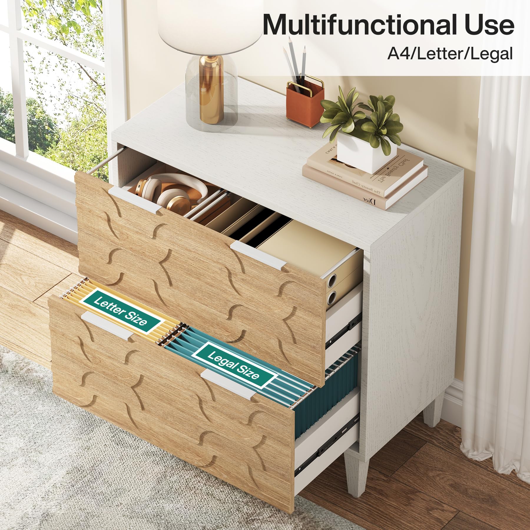 Tribesigns 2-Drawer Lateral File Cabinet for A4/Letter/Legal Size Documents - Office Storage Cabinet & Printer Stand with Storage Drawer - White & Walnut Finish for Home Office Organization