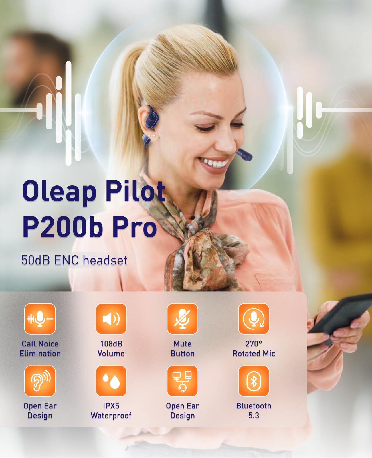 Pilot P200b Pro Open Ear Wireless Bluetooth Headphones with 50dB ENC Noise Cancelling & Charging Stand - Perfect for Office Calls, Gaming & Outdoor Activities