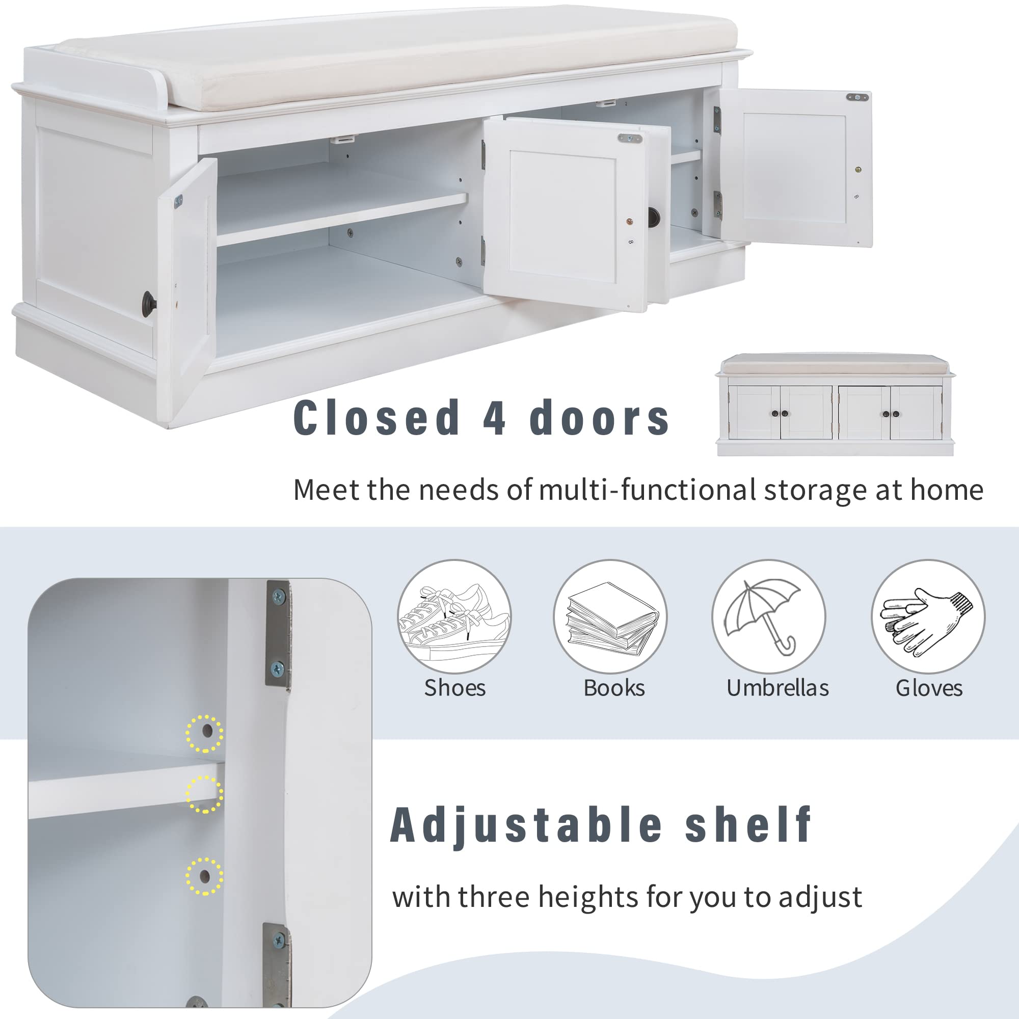 RUNNA White Wooden Storage Bench with 4 Doors & Adjustable Shelves - Entryway Shoe Organizer, Ottoman Cabinet with Removable Cushion for Hallway, Living Room, Bedroom - Perfect for Small Space Organization & Entryway Seating