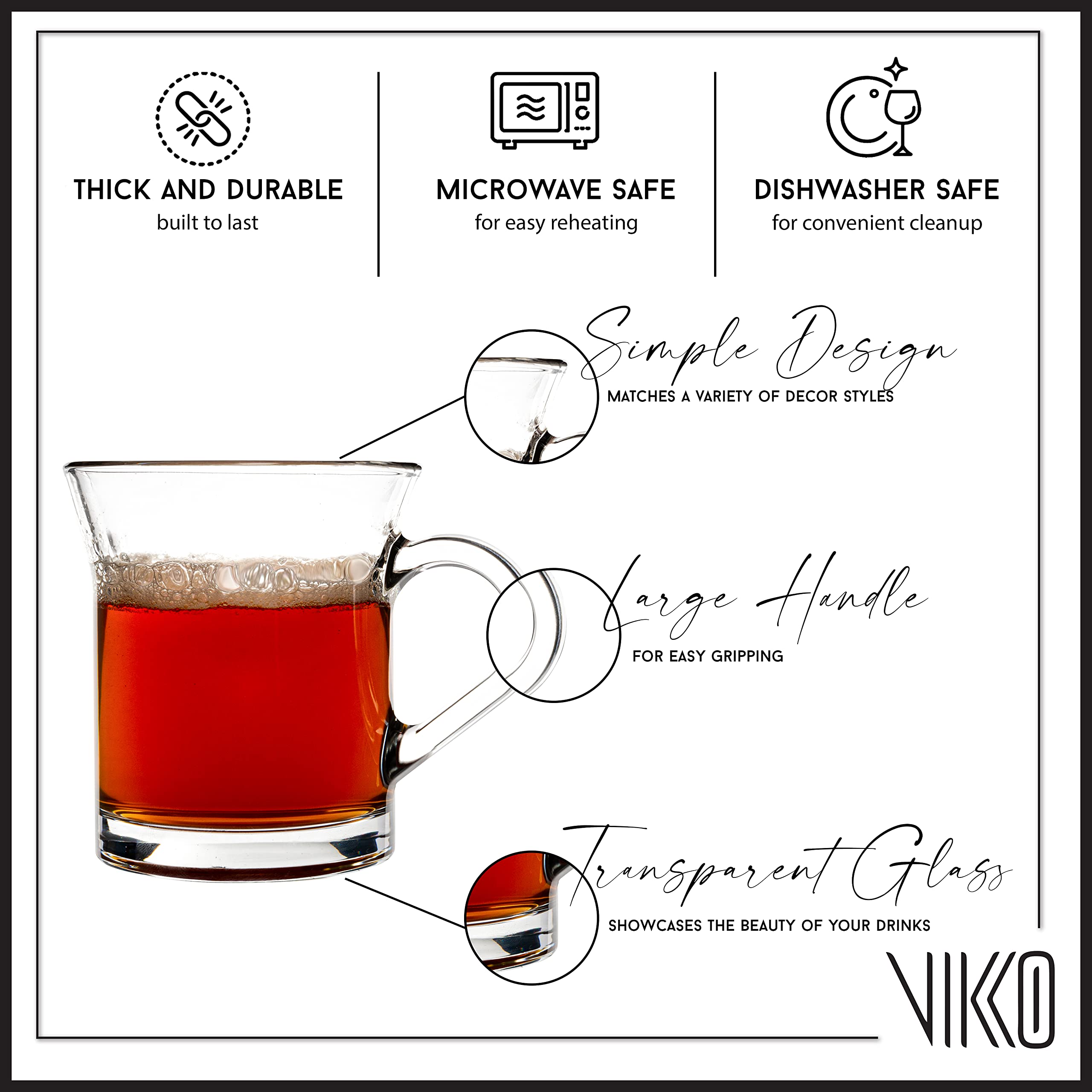 Vikko 10 oz Thick & Durable Clear Glass Coffee Mugs - Set of 12, Microwave & Dishwasher Safe - Perfect for Hot/Cold Beverages, Home, Office, Restaurant & Cafe Use