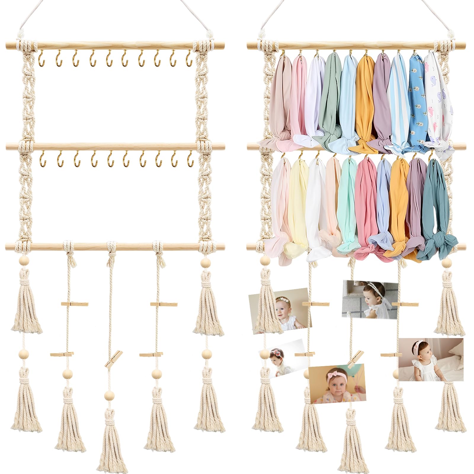 Girls Hair Bow Organizer - Baby Headband Holder with 20 Iron Hooks & 15 Wooden Clips | Boho Nursery Wall Decor for Toddler Girls Room | Perfect for Organizing Hair Accessories and Decorating Kids Bedroom