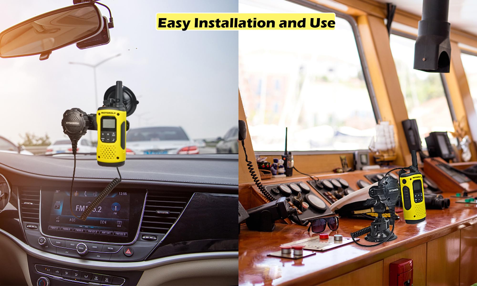HYSHIKRA Handheld Radio and Mic Mount - Universal Walkie-Talkie Holder with Strong Suction Cup & Sticky Gel Pad for Car Windshield/Dashboard - Compatible with Baofeng UV5R, Motorola Talkabout, Midland, Cobra, Yaesu Two Way Radios - Perfect for Road Trips, Camping & Outdoor Adventures