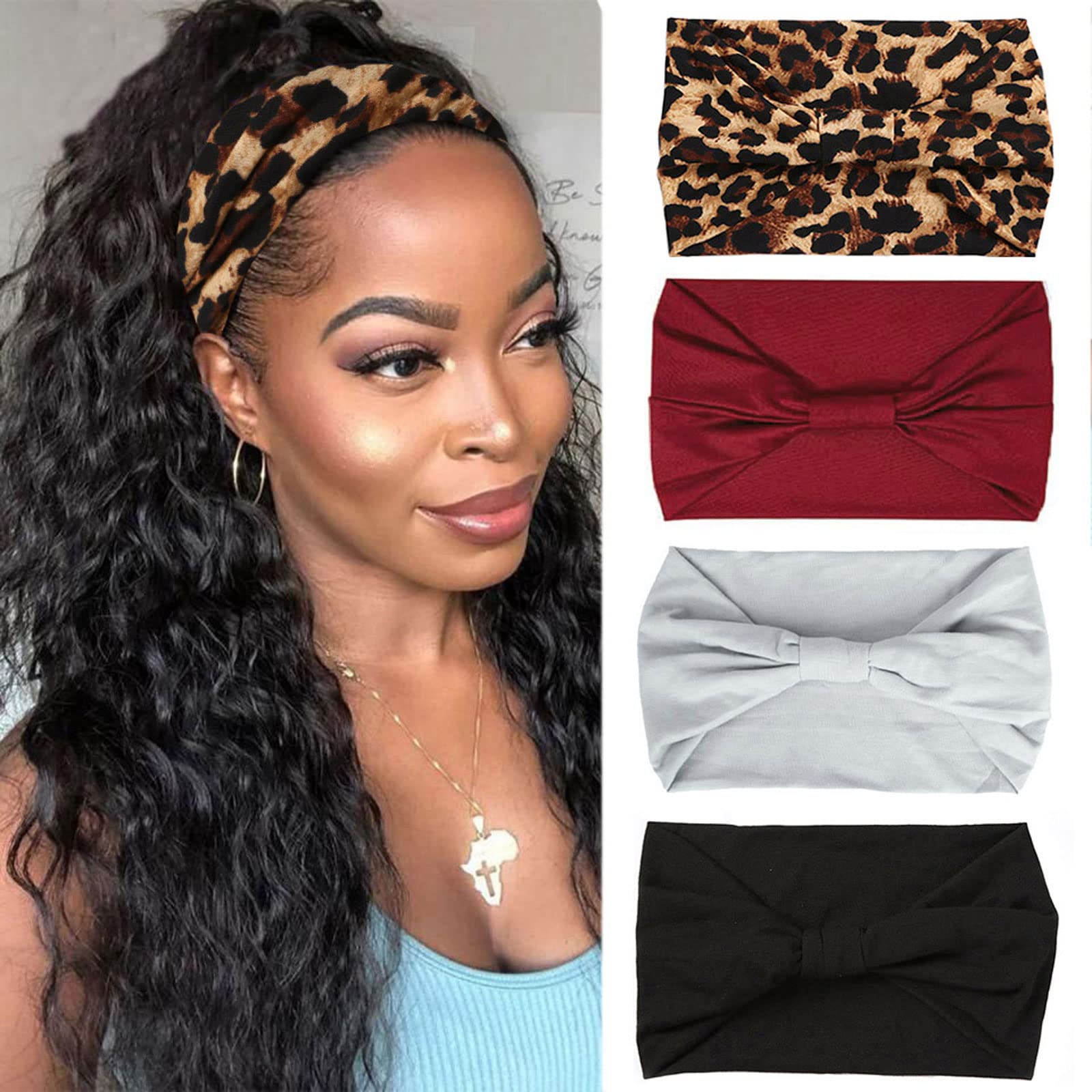 XTREND 4 Pack Bohemian Style Elastic Headbands - Non-Slip Wide Headscarves for Women, Yoga, Sports & Outdoor Activities - Fashion Hair Accessories for Black Women (Printed Design)