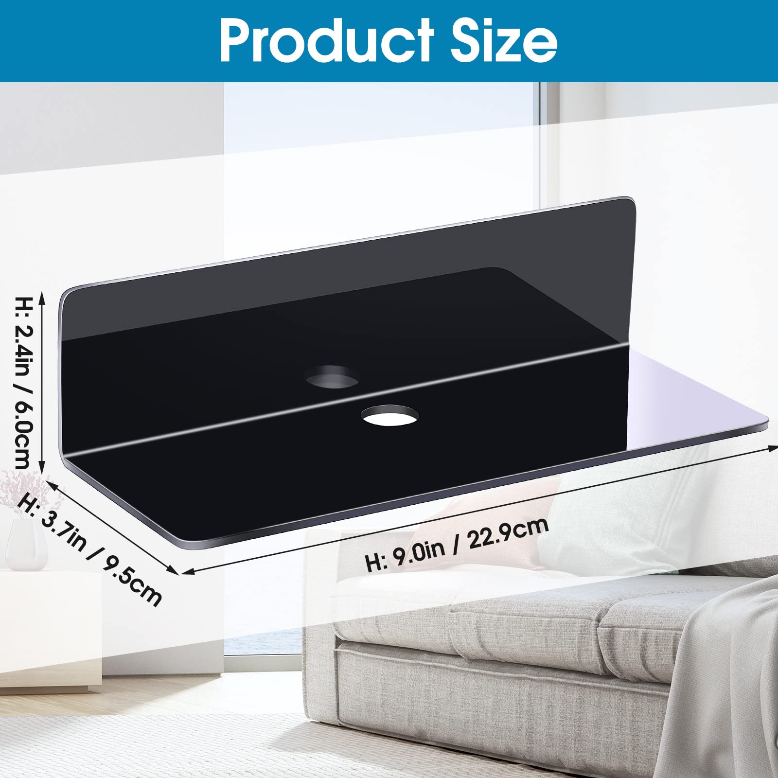 Maitys 8-Pack Clear Acrylic Floating Shelves - 9 Inch No Drill Wall Mounted Display Shelves for Home & Office - Strong Adhesive Backing - Perfect for Living Room, Bathroom, Bedroom & Kitchen Decor (Black) | Ideal for Organizing Books, Plants, Photos & Decorative Items