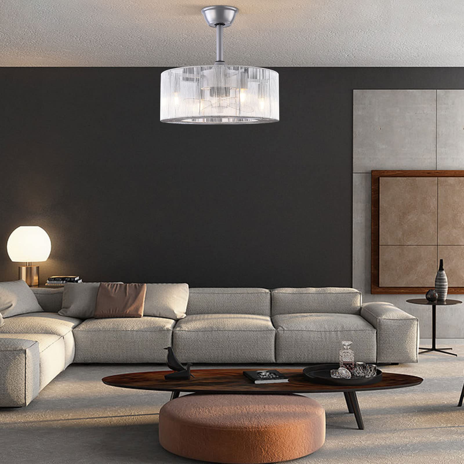18 Inch Crystal Ceiling Fan with Light and Remote Control - Handcrafted Silver Wire Shade Caged Chandelier Fan - Modern Enclosed Ceiling Fan for Kitchen, Dining Room, Living Room - 4 x E26 Bulbs (Not Included) - Perfect for Home, Office, and Commercial Spaces