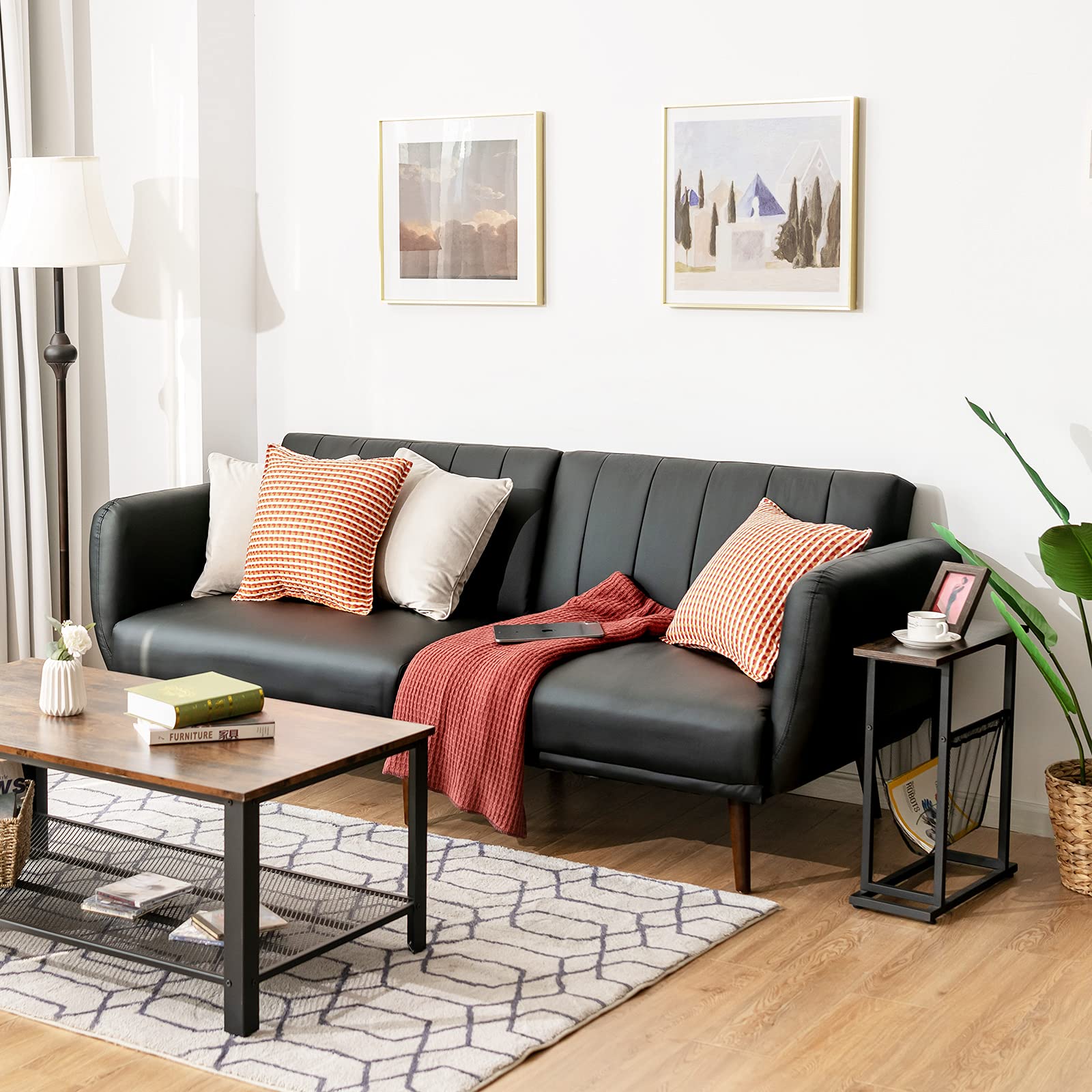 Giantex 3-Seater Convertible Futon Sofa Bed with High-Density Sponge, Adjustable Backrest & Rubber Wood Legs - Foldable Sleeper Couch with Armrests for Living Room, Bedroom, Office, Lounge & Small Spaces (Black) | Perfect for Guest Sleeping, Movie Nights & Compact Apartments
