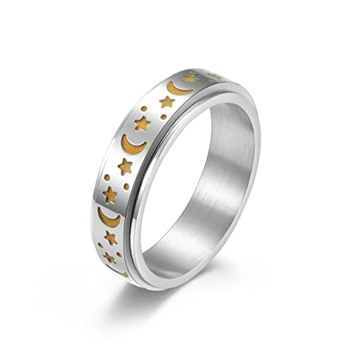 Vpanda Stainless Steel Anxiety Relief Fidget Spinner Ring for Women & Kids - 6MM Moon Star Glow in the Dark Promise Ring - ADHD Stress Relief, Sensory Toy, Best Friend Jewelry Gift for Birthday Party Supplies