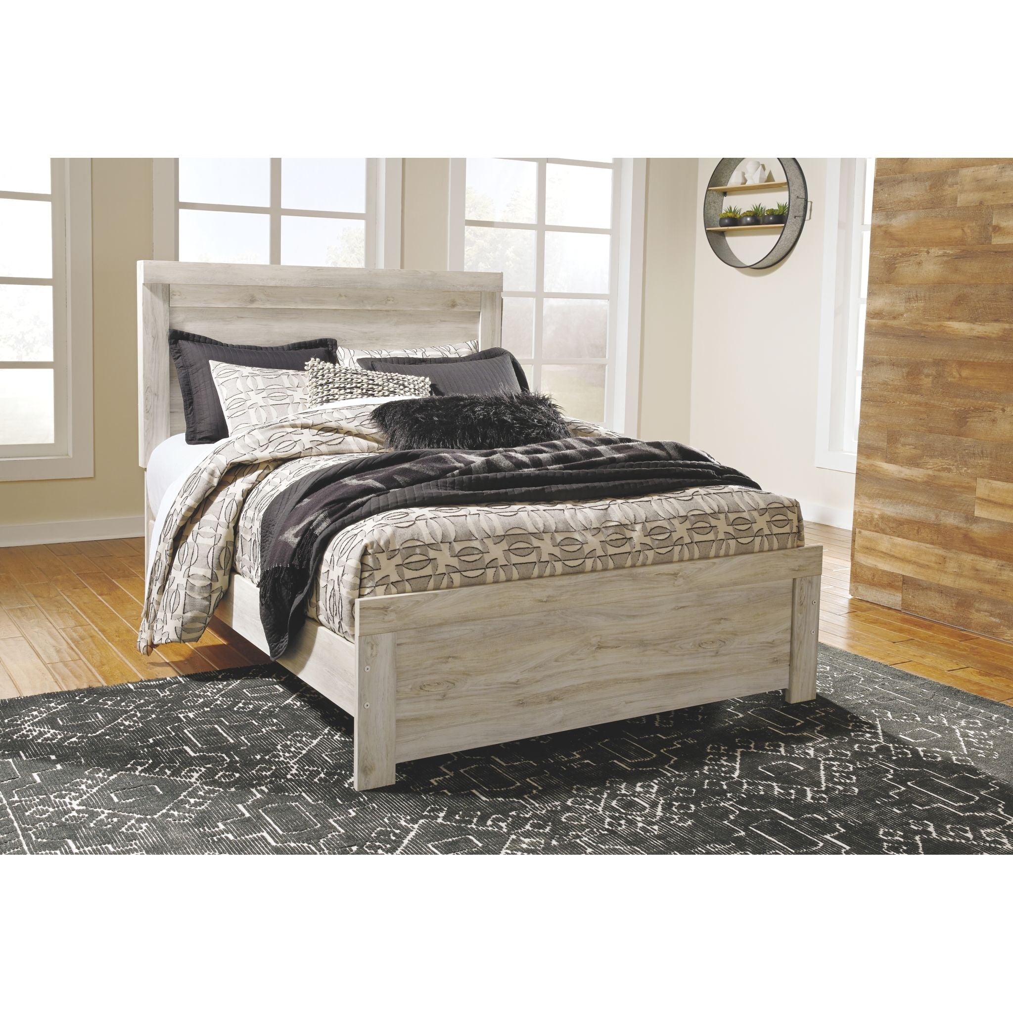 Bellaby Panel Bed - Whitewash Finish Queen Size Bed Frame with Wooden Slats - Perfect for Modern Bedroom, Guest Room & Dorm Decor