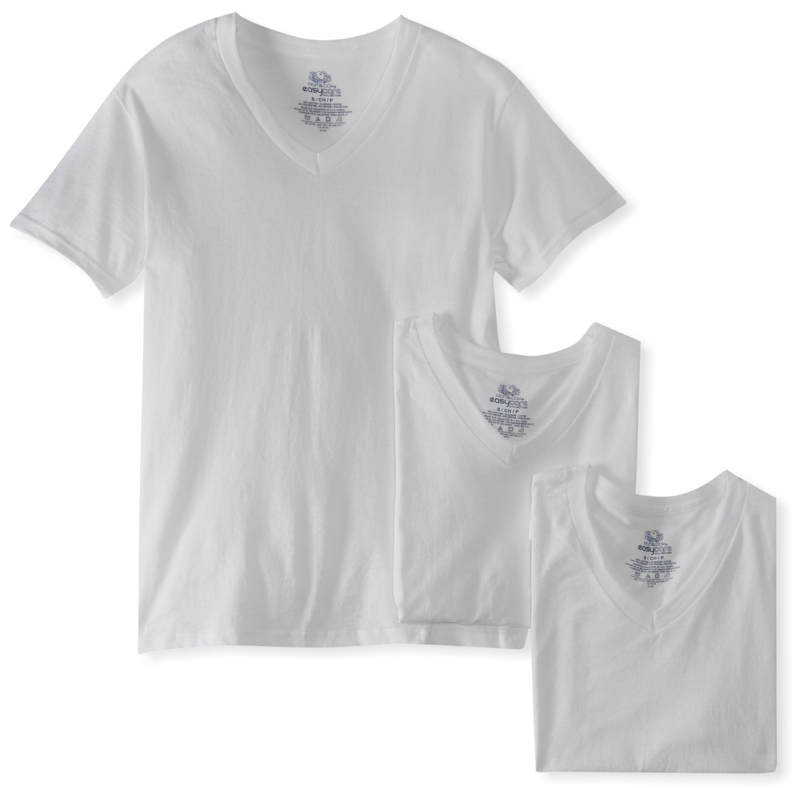 Fruit of the Loom Men's Easy Care White V-Neck T-Shirts 3-Pack - Soft Cotton Crew Neck Tees for Casual Wear & Layering