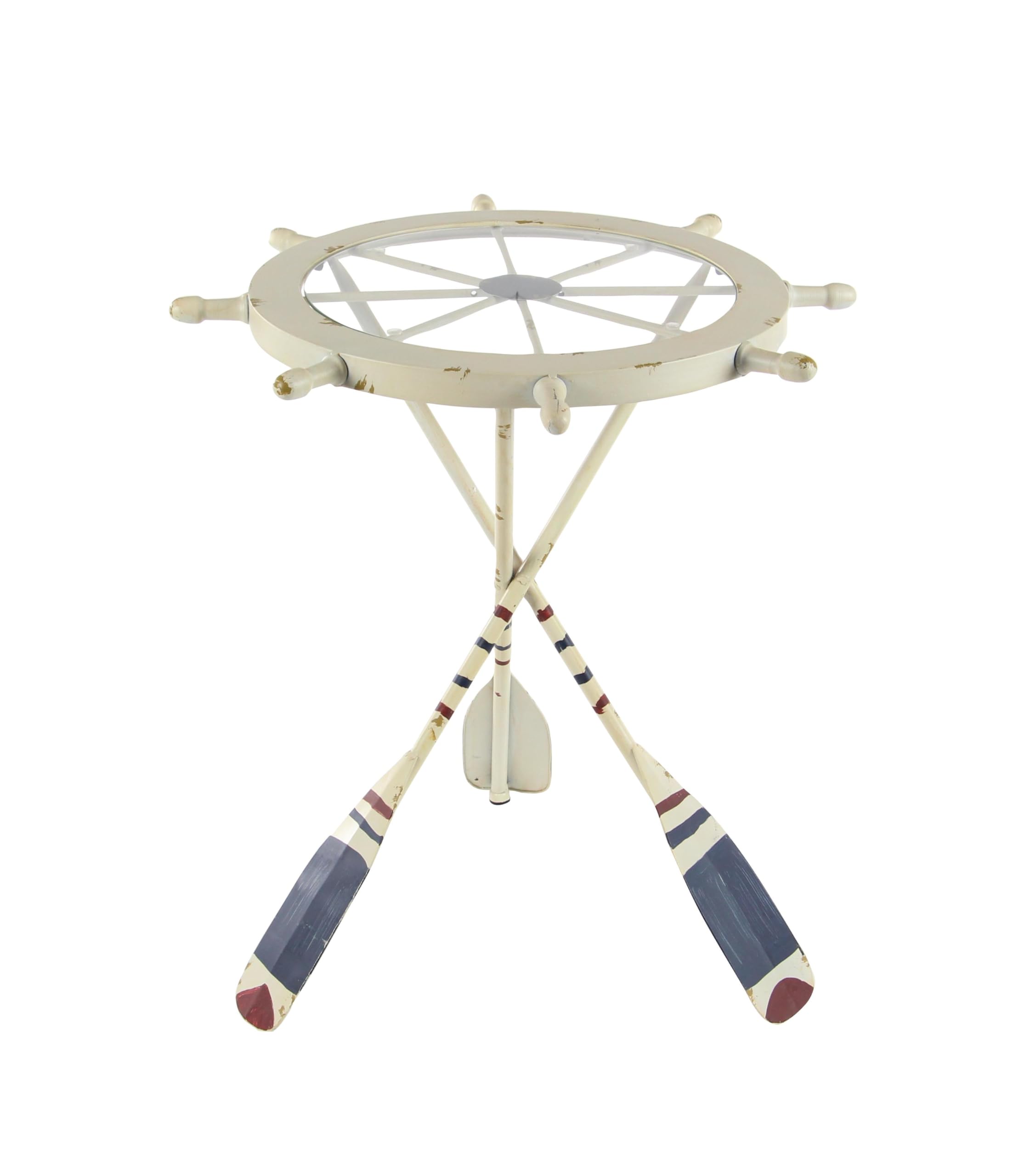 Deco 79 Nautical White Metal Ship Wheel Side Table with Oar Shaped Legs - 23x23x24 Inches - Coastal End Table for Living Room, Bedroom or Patio Decor