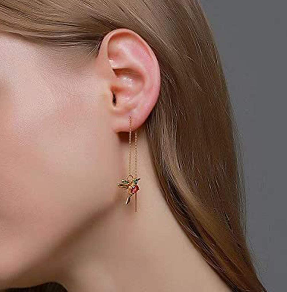 Elegant Gold Hummingbird Threader Hoop Earrings with Rhinestones - Long Chain Dangle Drop Earrings for Women | Perfect for Parties, Weddings & Special Occasions