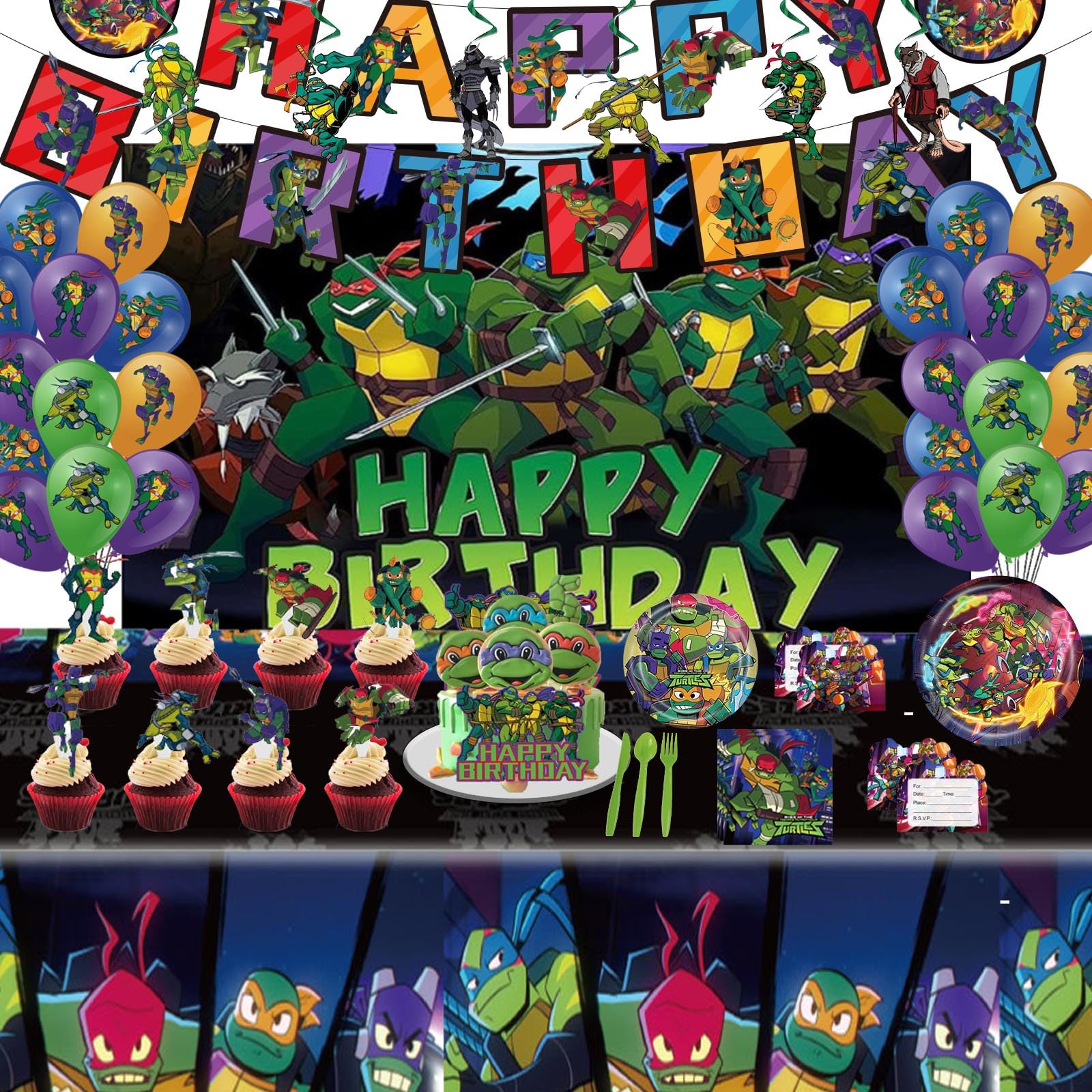 Ninja Turtle Birthday Party Supplies for Kids - Banner, Balloons, Tablecloth, Cake Topper, Plates - Set for 10 Guests | Fun Themed Decorations for Kids' Birthday Parties & Celebrations